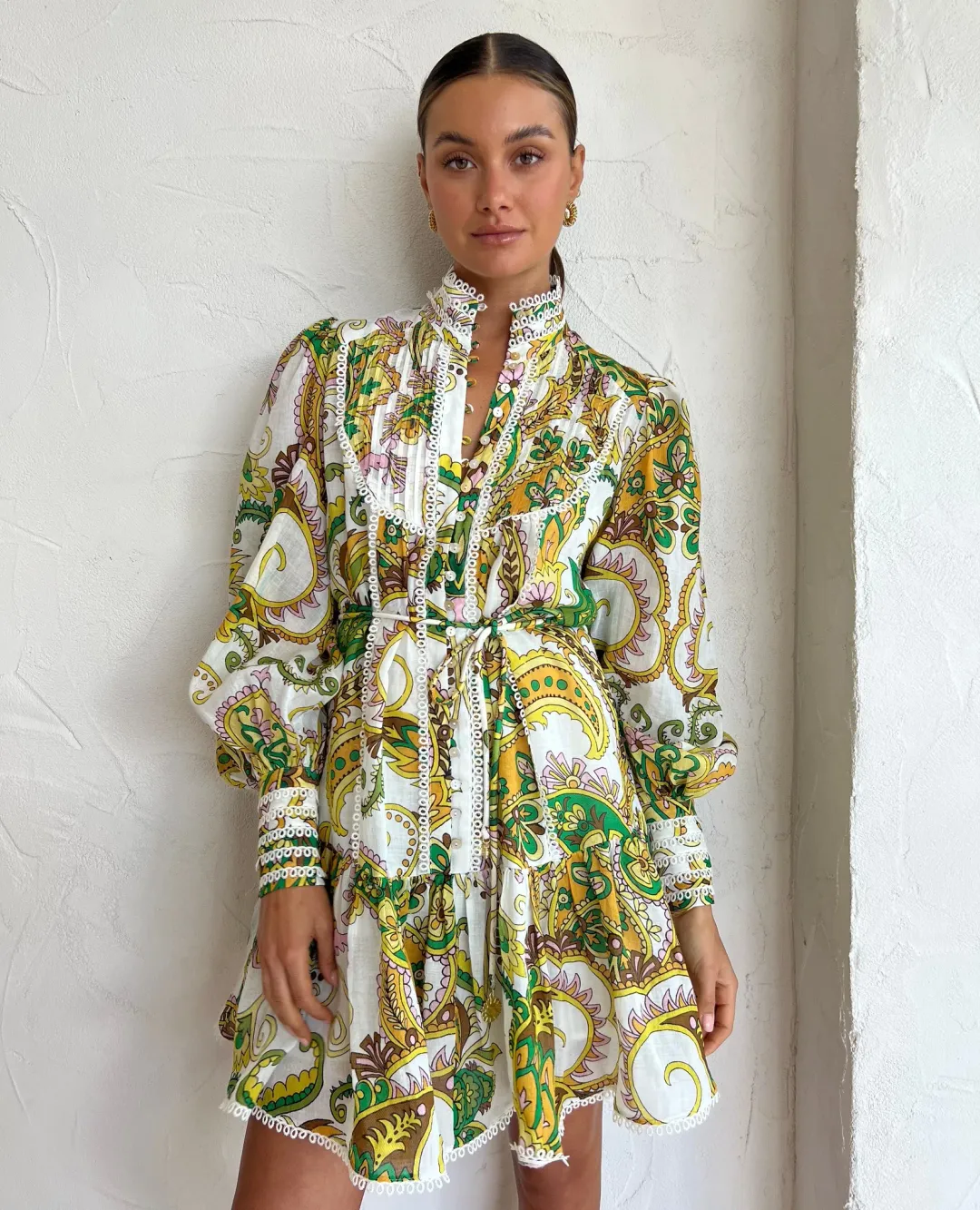 Alemais Octavia Mini Ruffle Dress Linen Long Sleeve Multi Size AU 8 for rent on The Volte - main image