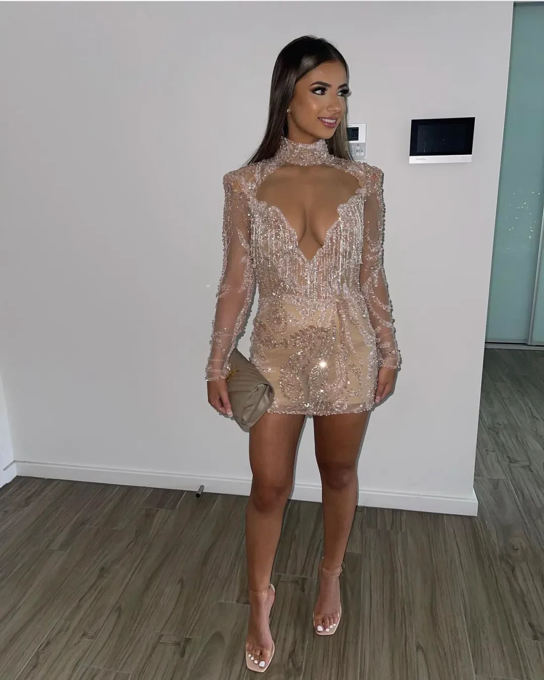 Albina Dyla Gold Couture Rose Gold Beaded Mini Dress Size AU 8 for rent on The Volte - main image