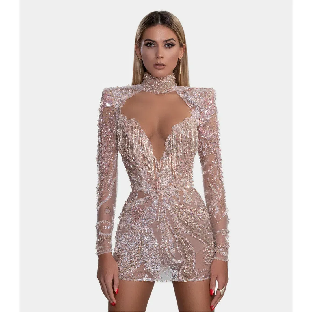 Albina Dyla Gold Couture Rose Gold Beaded Mini Dress Size AU 8 for rent on The Volte - main image