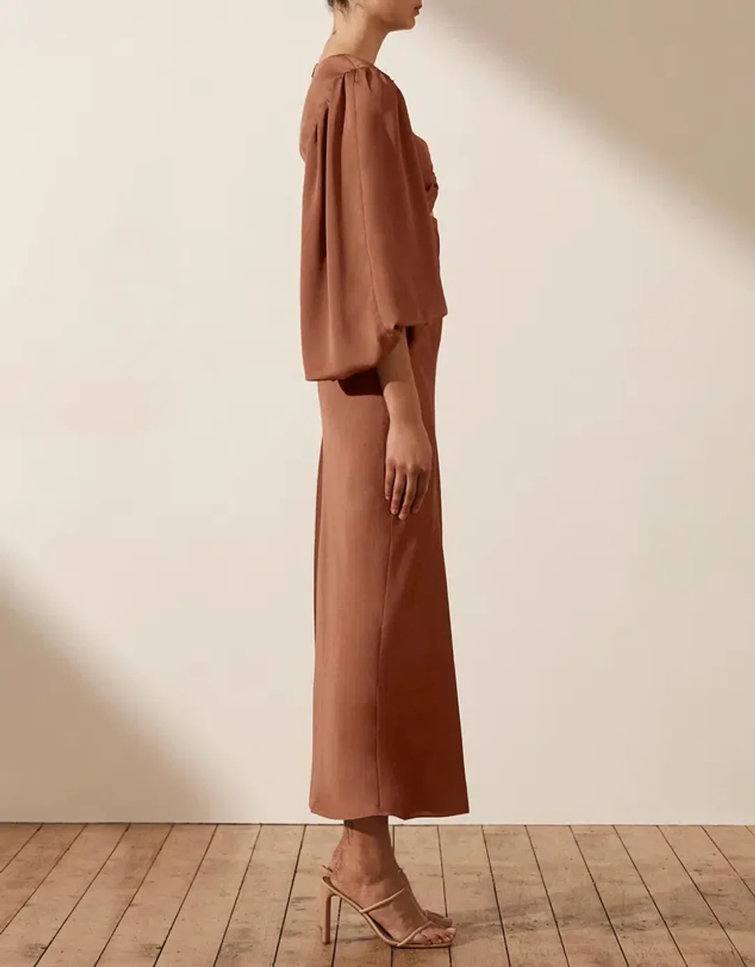 Shona Joy Luxe Twist Front Balloon Sleeve Midi Dress Mocha Size 10 for rent on The Volte - main image