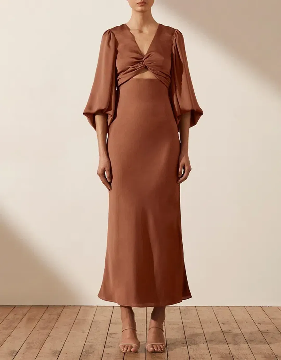 Shona Joy Luxe Twist Front Balloon Sleeve Midi Dress Mocha Size 10 for rent on The Volte - main image
