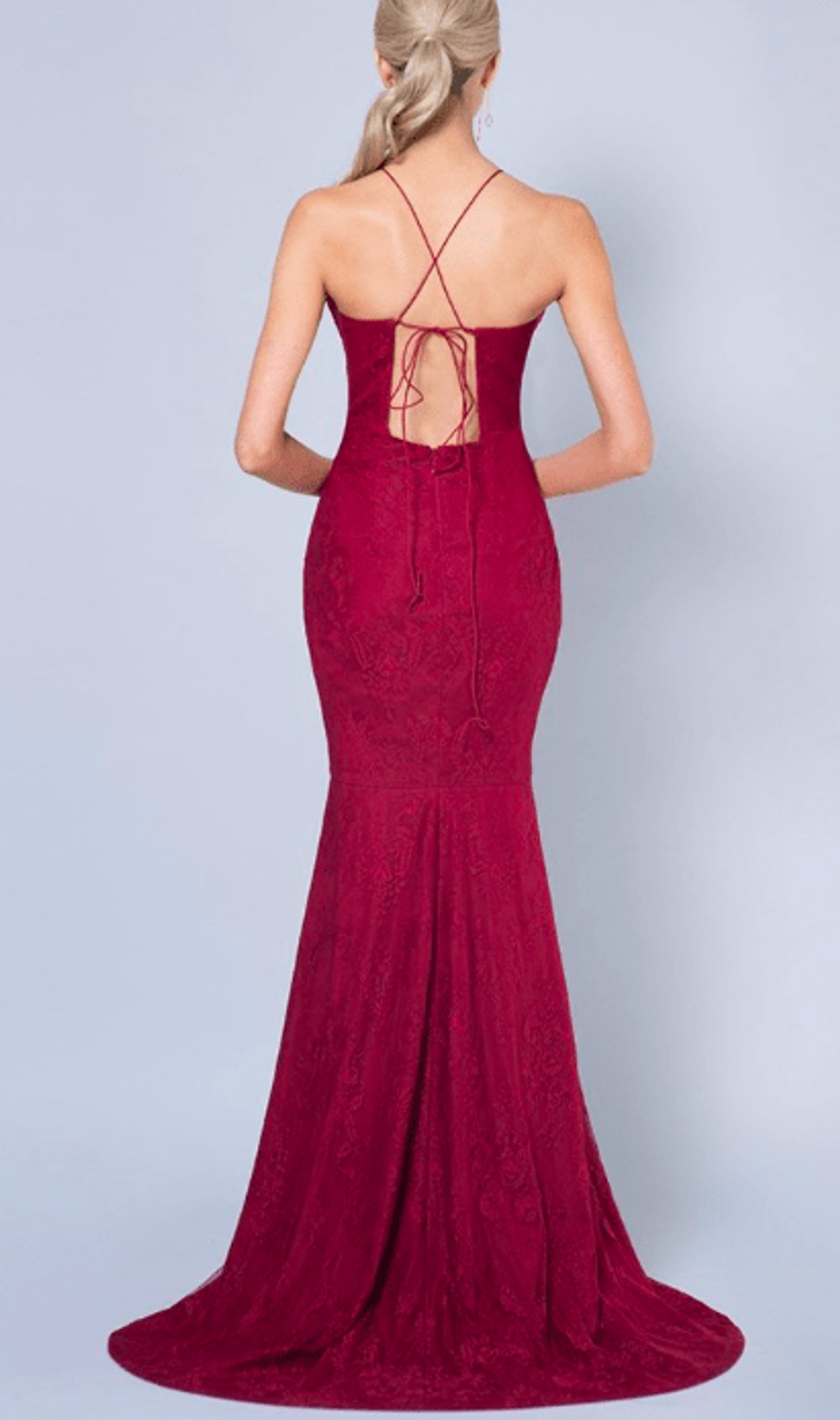 silver fishtail chantilly lace gown deep red for rent on The Volte - main image