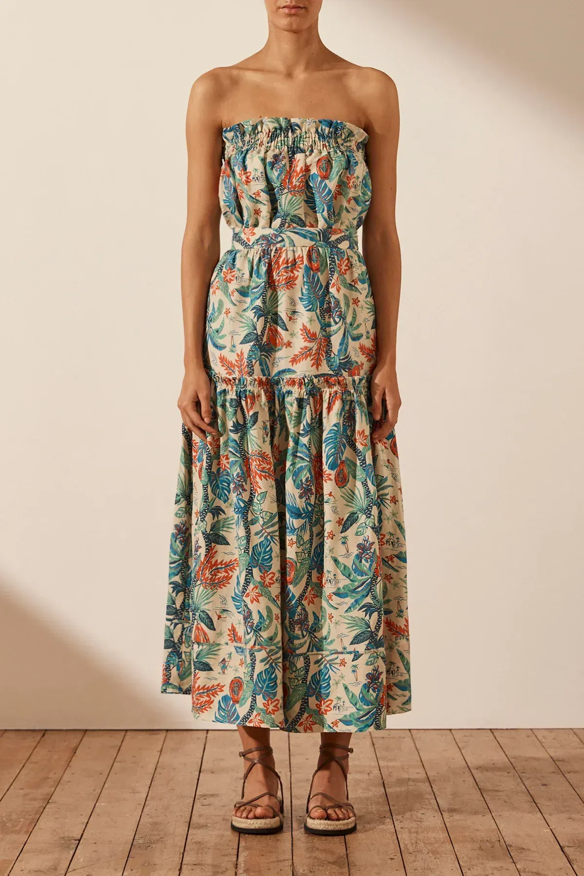 Shona Joy Mahalo Linen Strapless Midi Dress Print Size 8 / S - Image 1