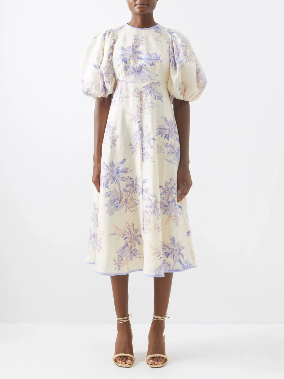 Zimmermann Puff-Sleeve Linen Midi Dress Print Size 3/AU 14 for rent on The Volte - main image