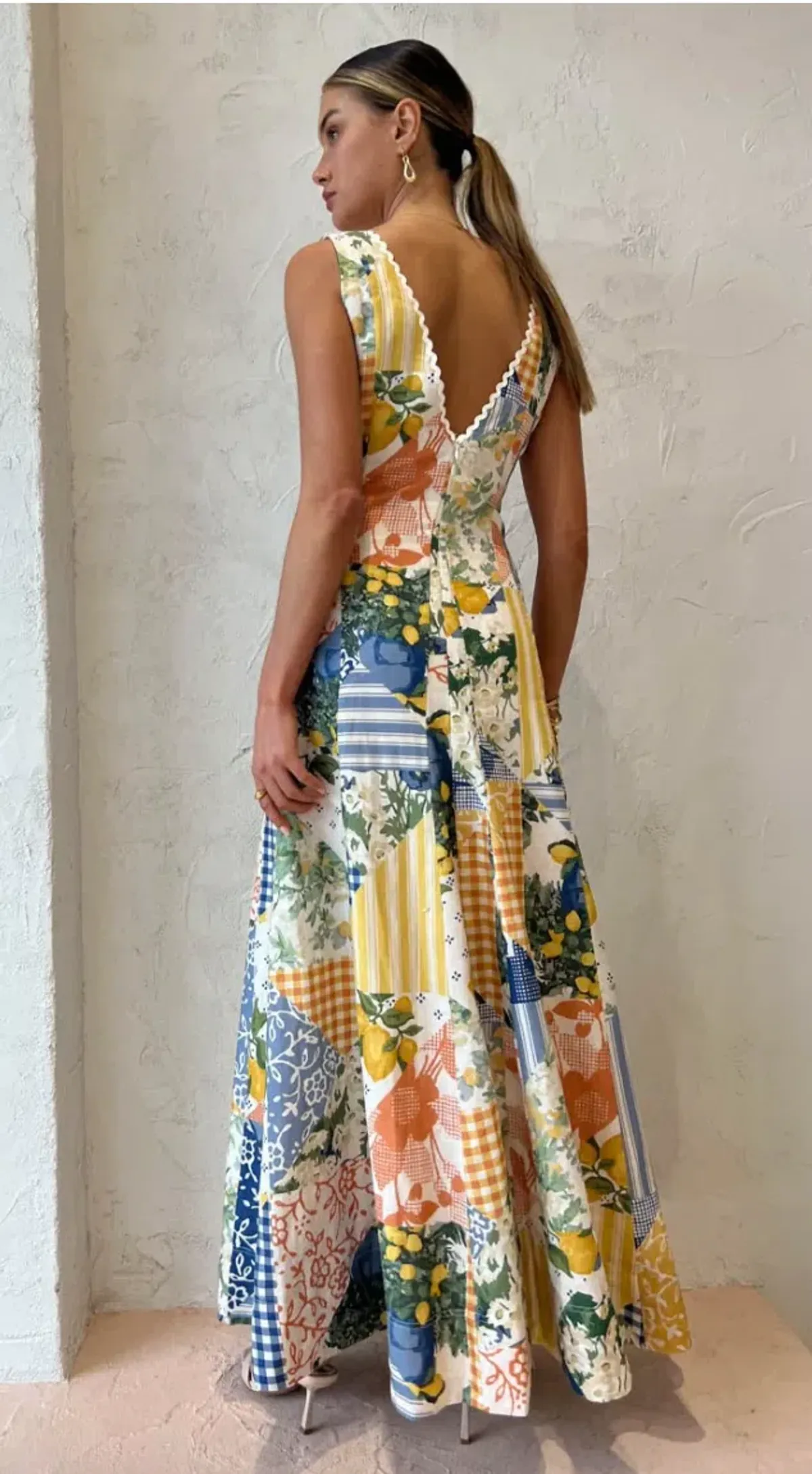 By Nicola Wavy Maxi Dress in Lemon Patchwork Print Size 6 - Image 5
