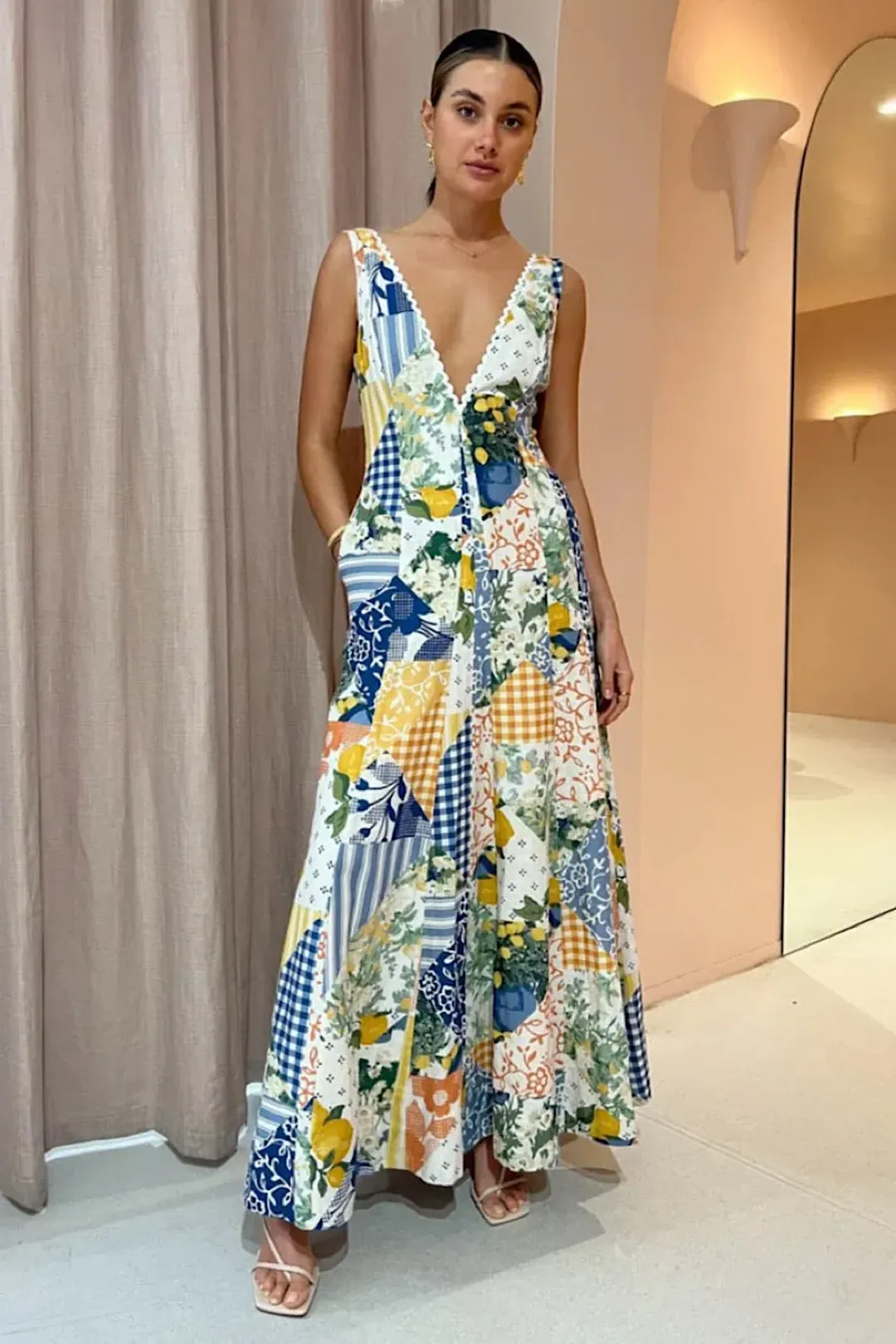 By Nicola Wavy Maxi Dress in Lemon Patchwork Print Size 6 for rent on The Volte - main image