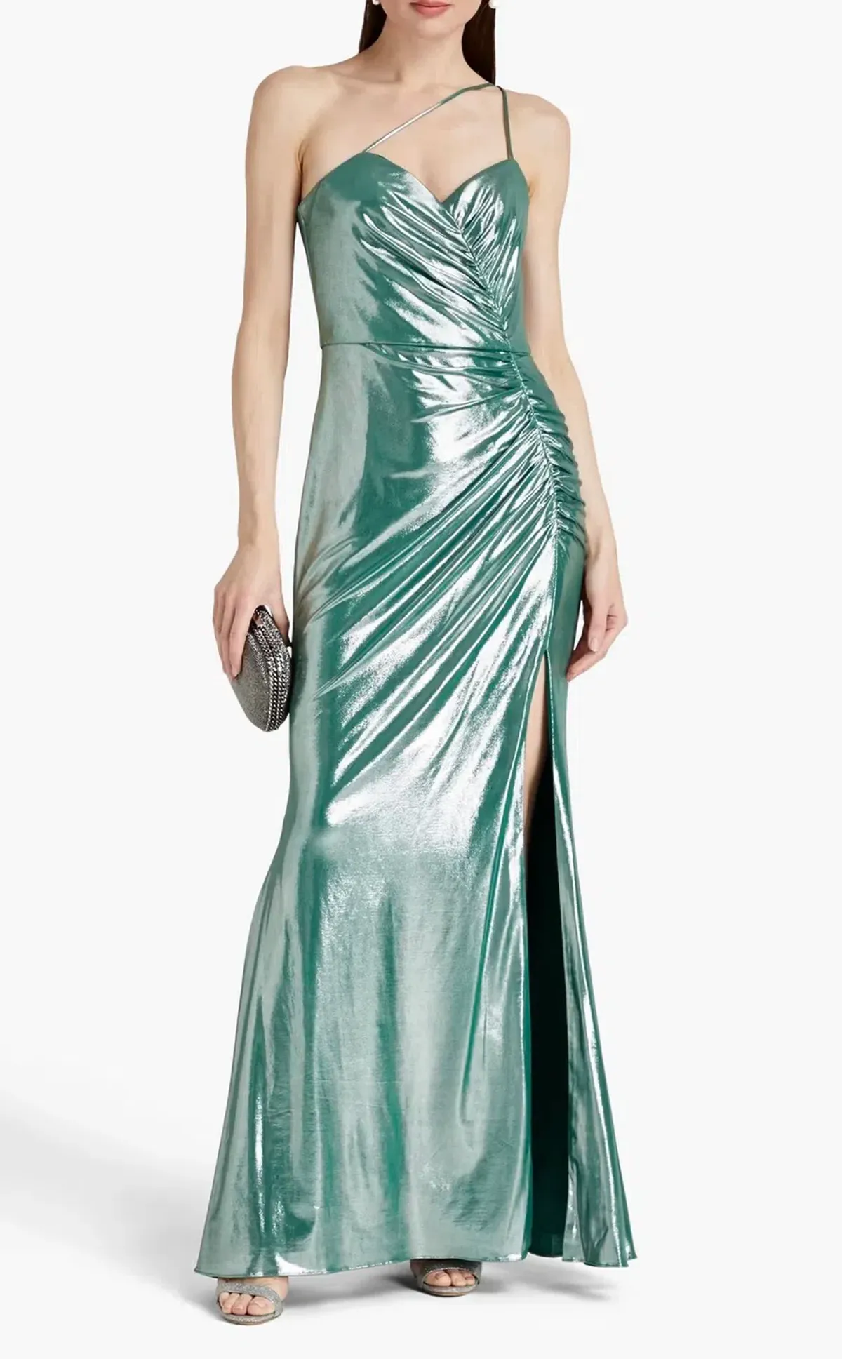 Marchesa Notte One-Shoulder Ruched Metallic Stretch-Jersey Gown Metallic Green Size 10 - Image 1