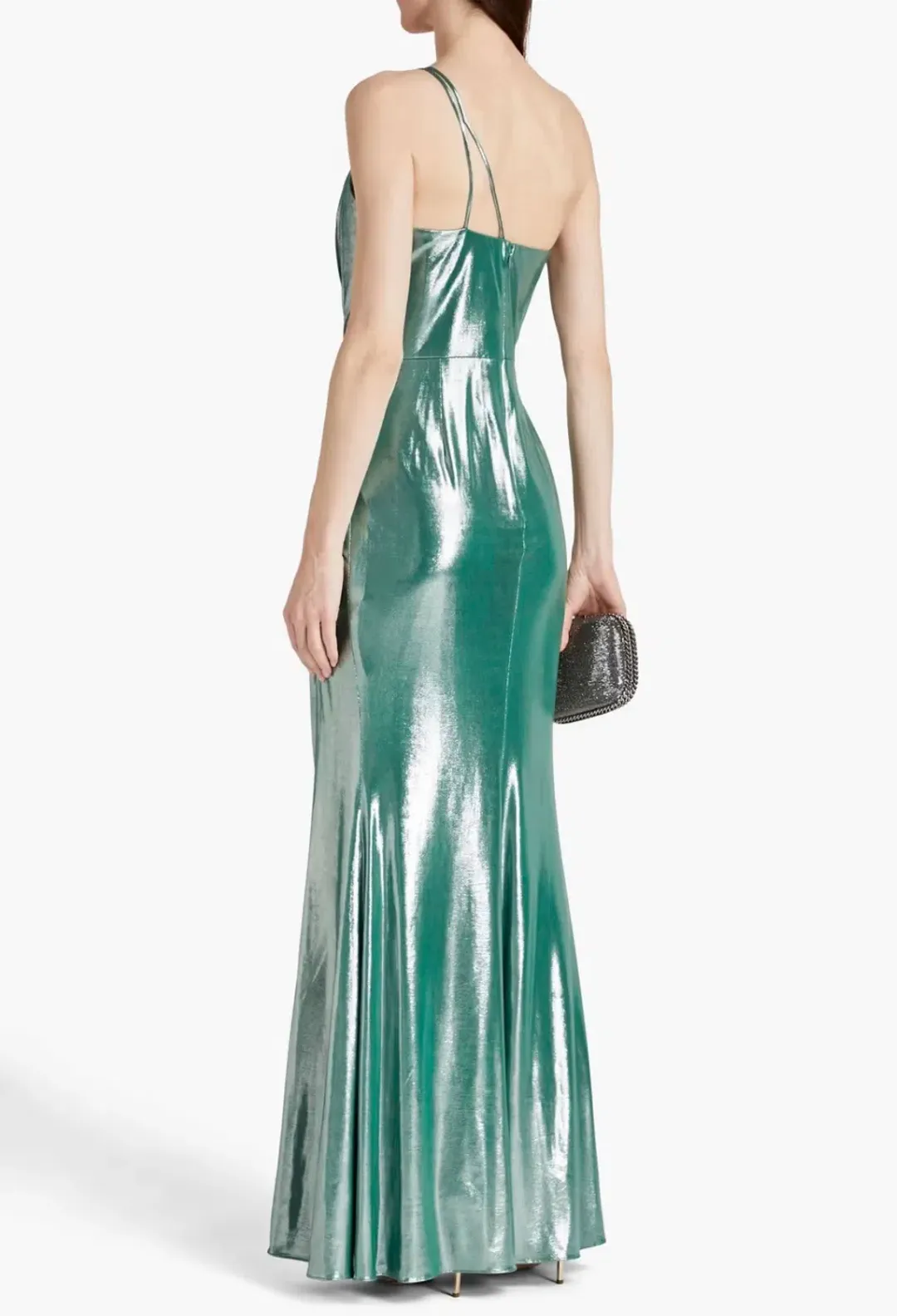 Marchesa Notte One-Shoulder Ruched Metallic Stretch-Jersey Gown Metallic Green Size 10 for rent on The Volte - main image