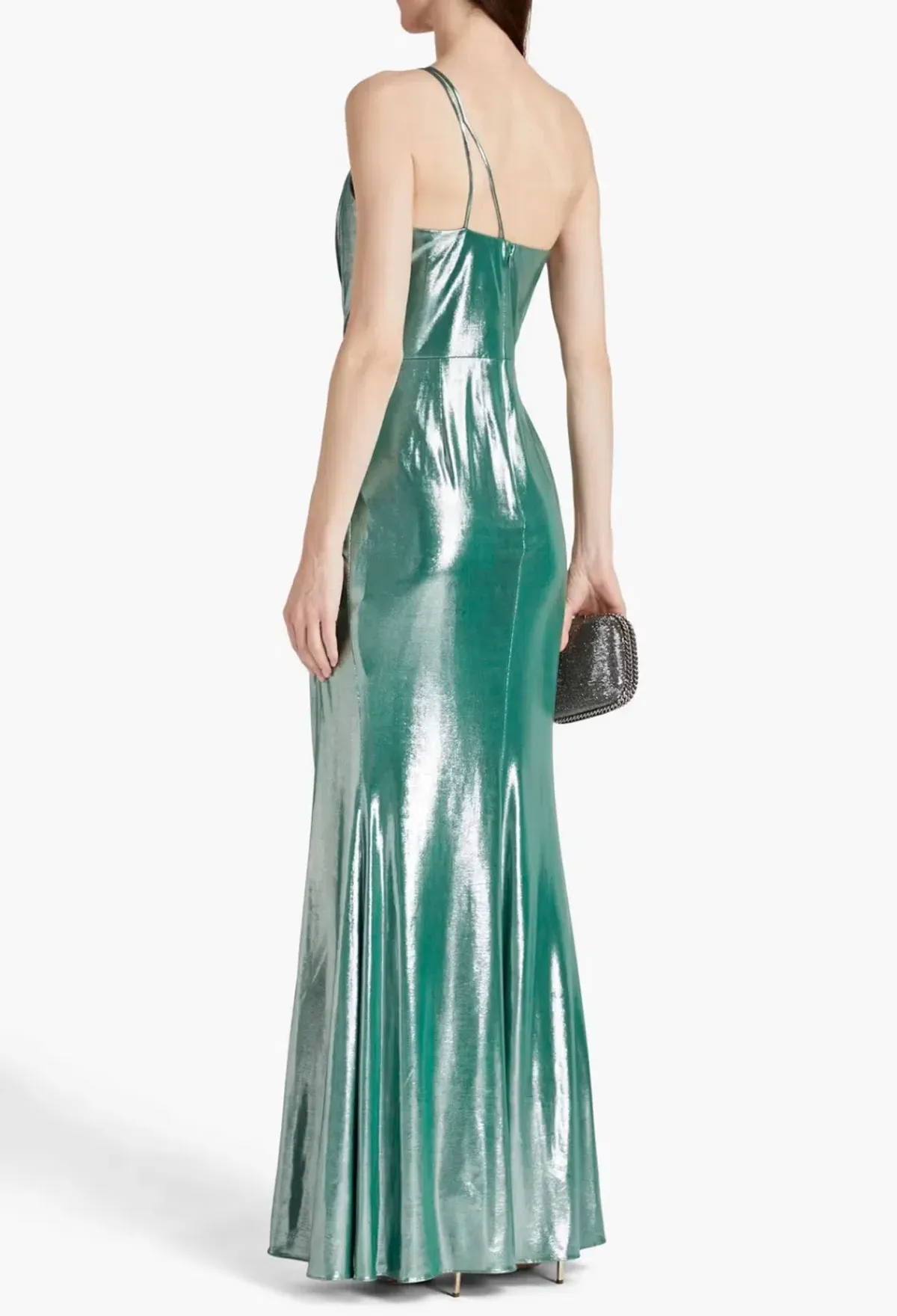 Marchesa Notte One-Shoulder Ruched Metallic Stretch-Jersey Gown Metallic Green Size 10 - Image 2