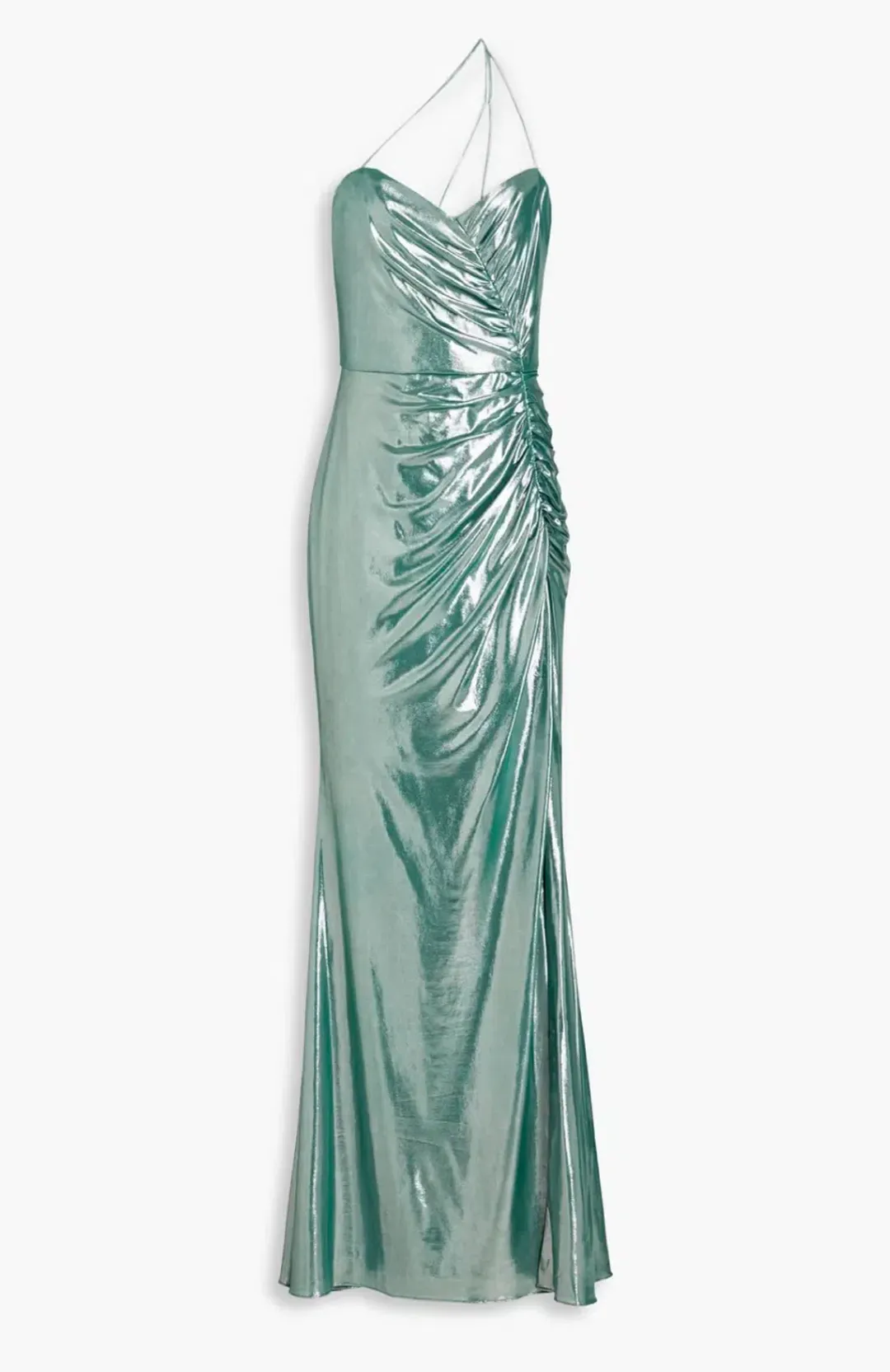 Marchesa Notte One-Shoulder Ruched Metallic Stretch-Jersey Gown Metallic Green Size 10 for rent on The Volte - main image