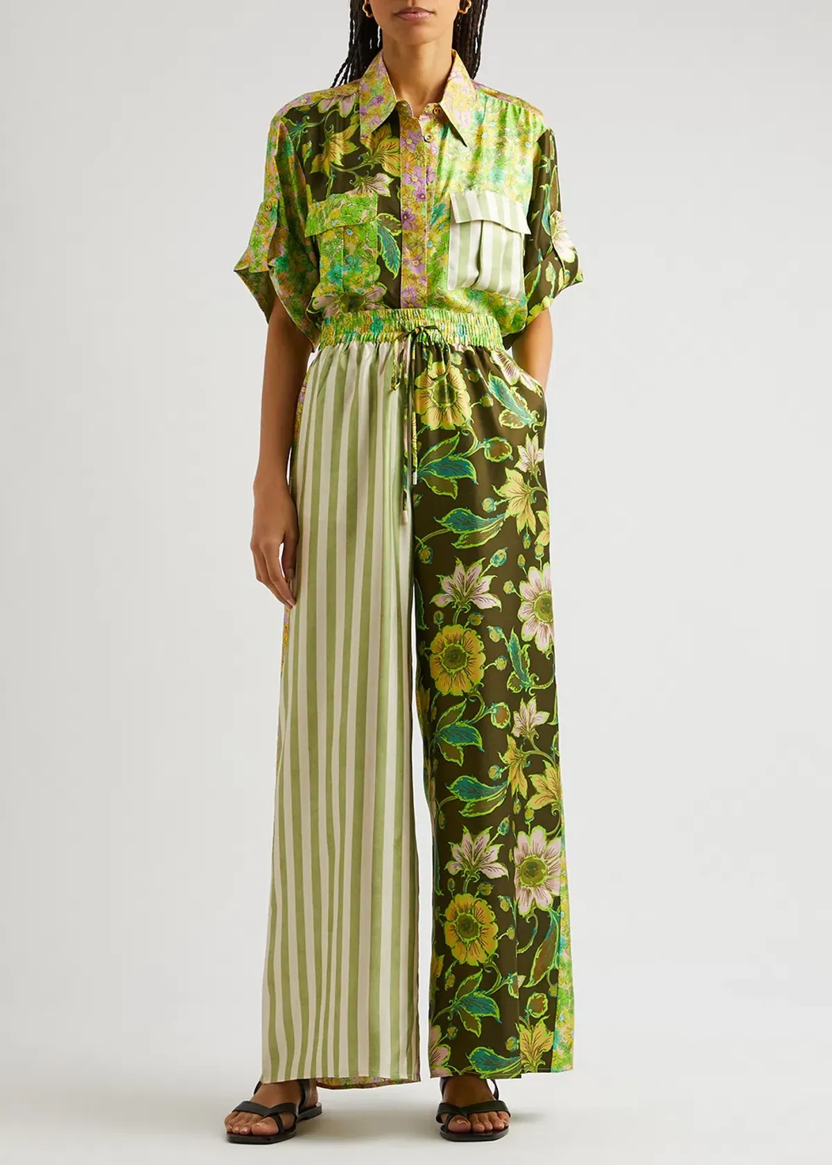 Alemais Winnie Patchwork Spliced Silk Shirt and Pant Set Green Floral Size AU 10 - Image 1