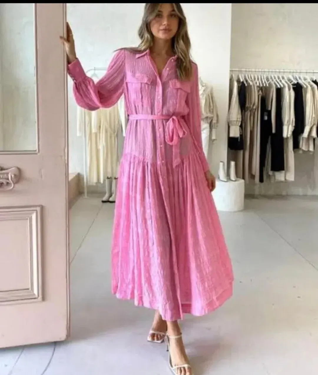Alemais Antonella Silk Embroidered Shirt Maxi Dress Pink Size 10 AU for rent on The Volte - main image