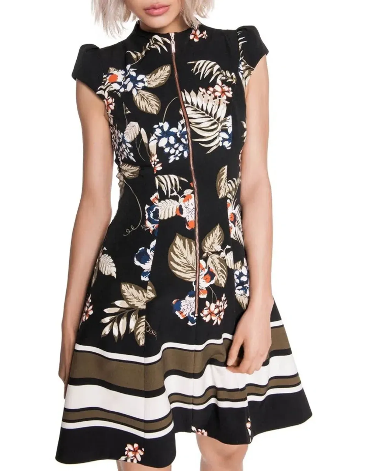 Cue Palm Leaf Zip Front Dress Black Size AU 10 - Image 3