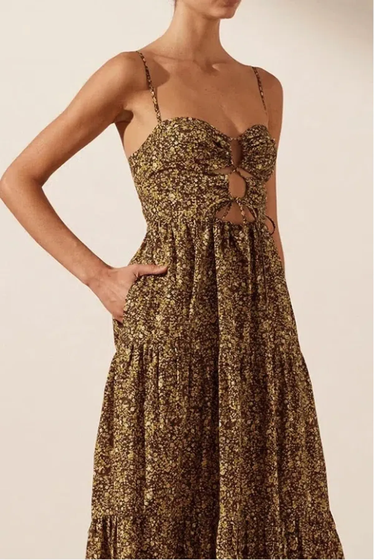 Shona Joy Lilou Lace Up Backless Midi Dress Mimosa Size AU 14 - Image 1