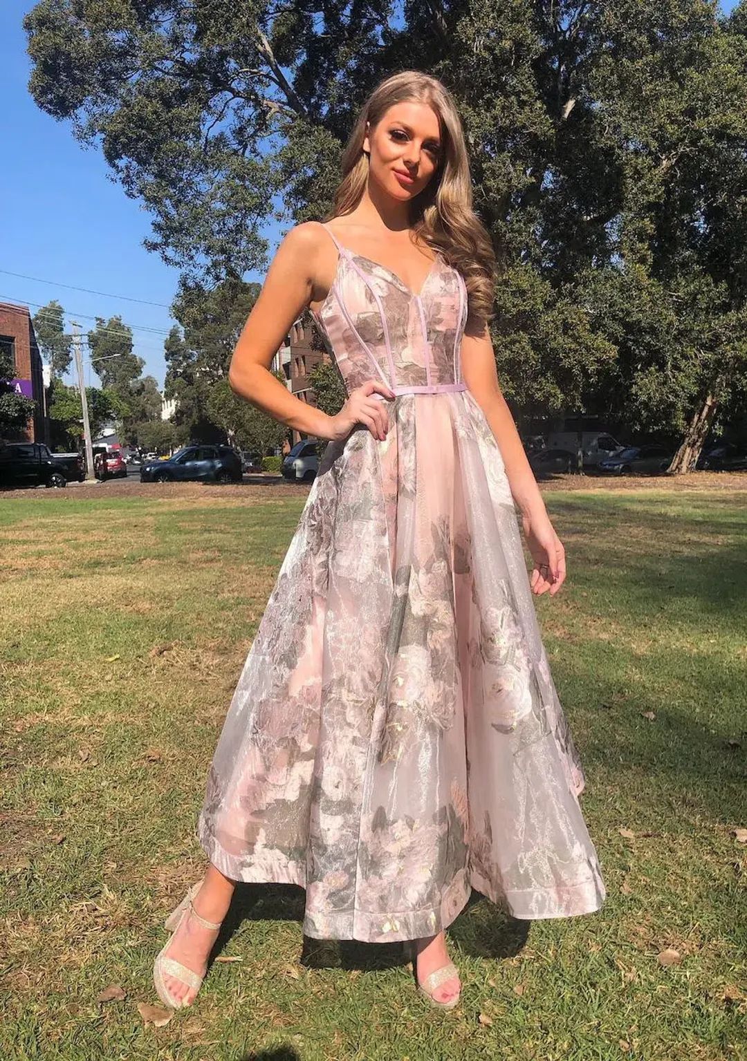 Tina Holly Pastel Floral Dress With Spaghetti Straps With A Line Skirt Floral Size AU 6 for rent on The Volte - main image