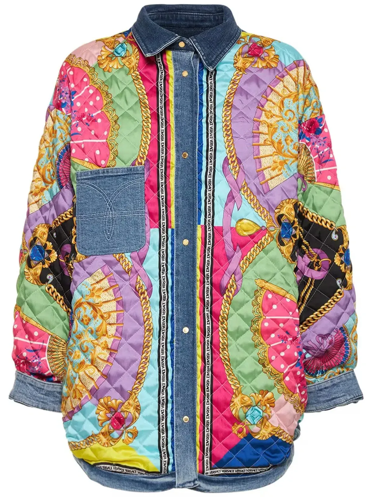 Versace Oversized Patchwork Cotton Denim Shirt Size 8 - Image 3