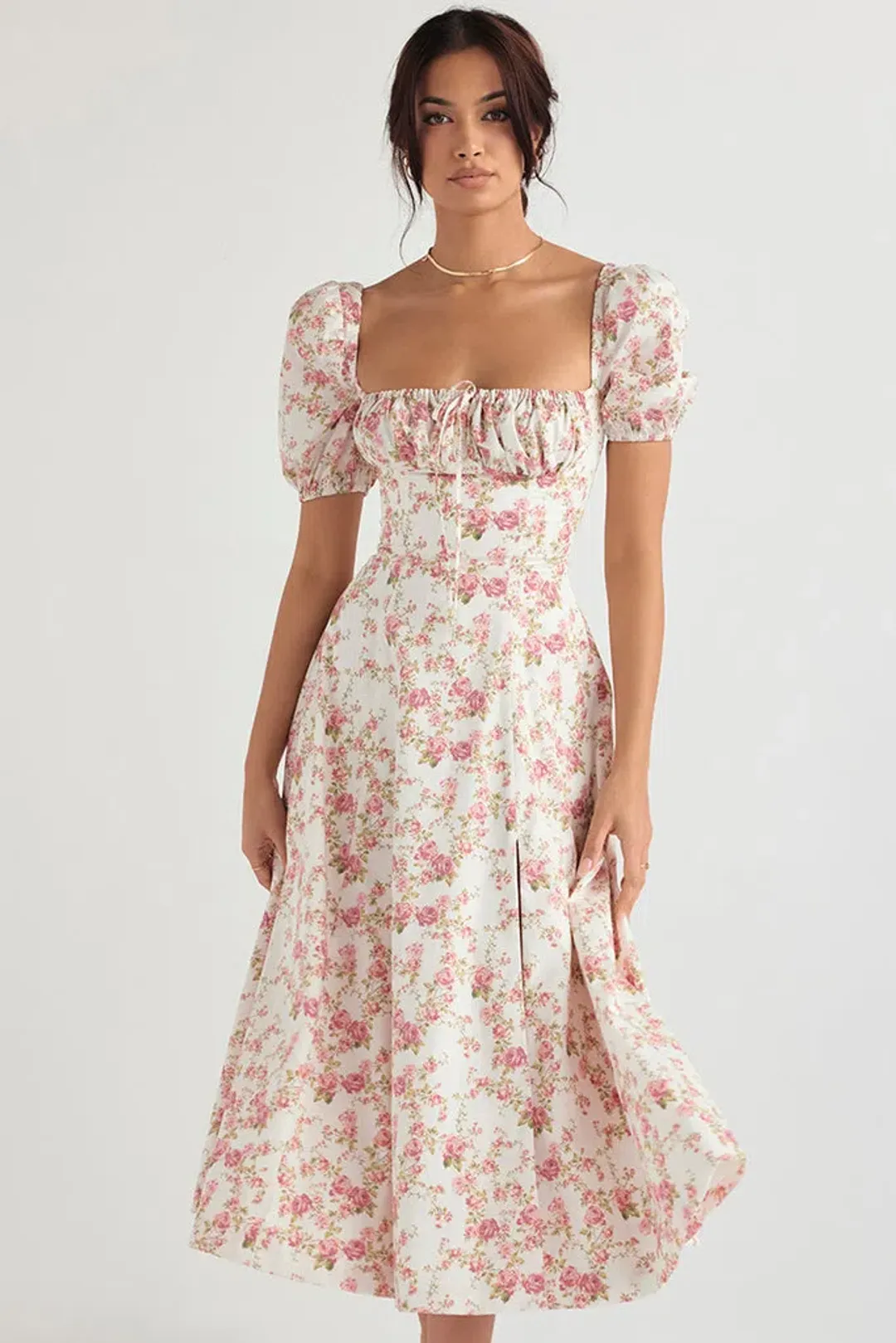 House of CB Rose Print Puff Sleeve Midi Sundress Floral Size L/AU 12 for rent on The Volte - main image