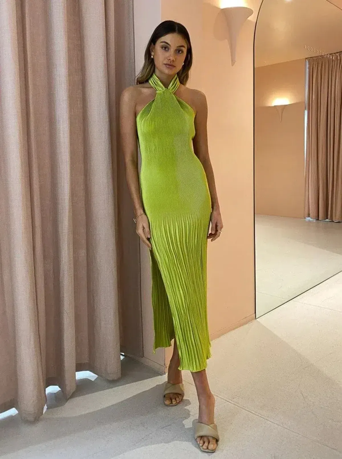 L'Idee Soirée Pleated Halter Gown Green Size 10 - Image 1