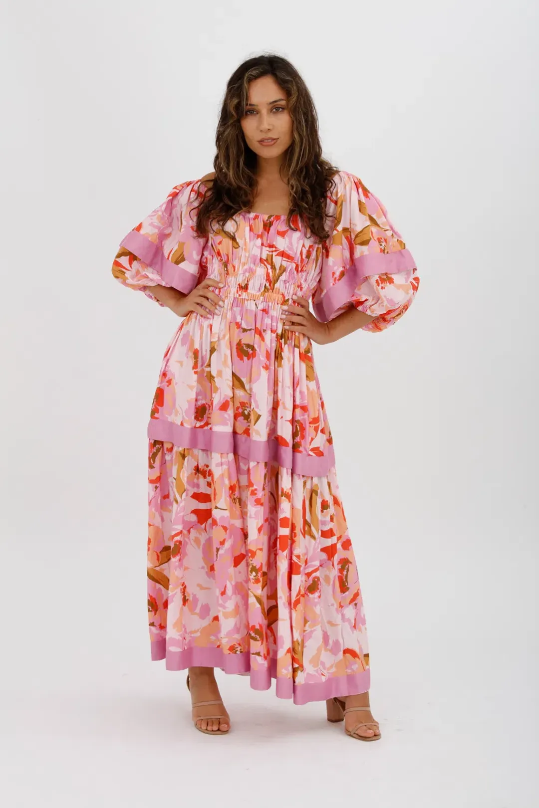 Acler Wayland Short Sleeve Printed Midi Dress Pink Floral Size 8 for rent on The Volte - main image