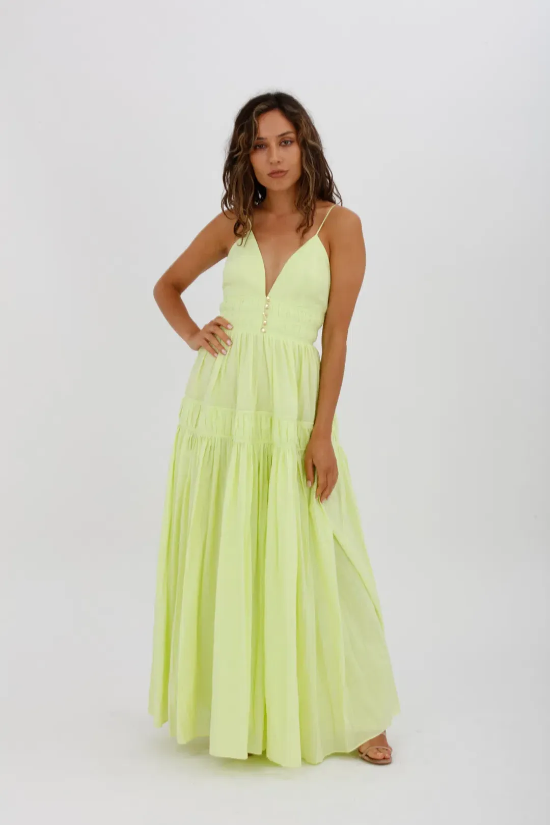 Aje Grace Tiered Midi Dress Pastel Yellow Green Size 10 for rent on The Volte - main image