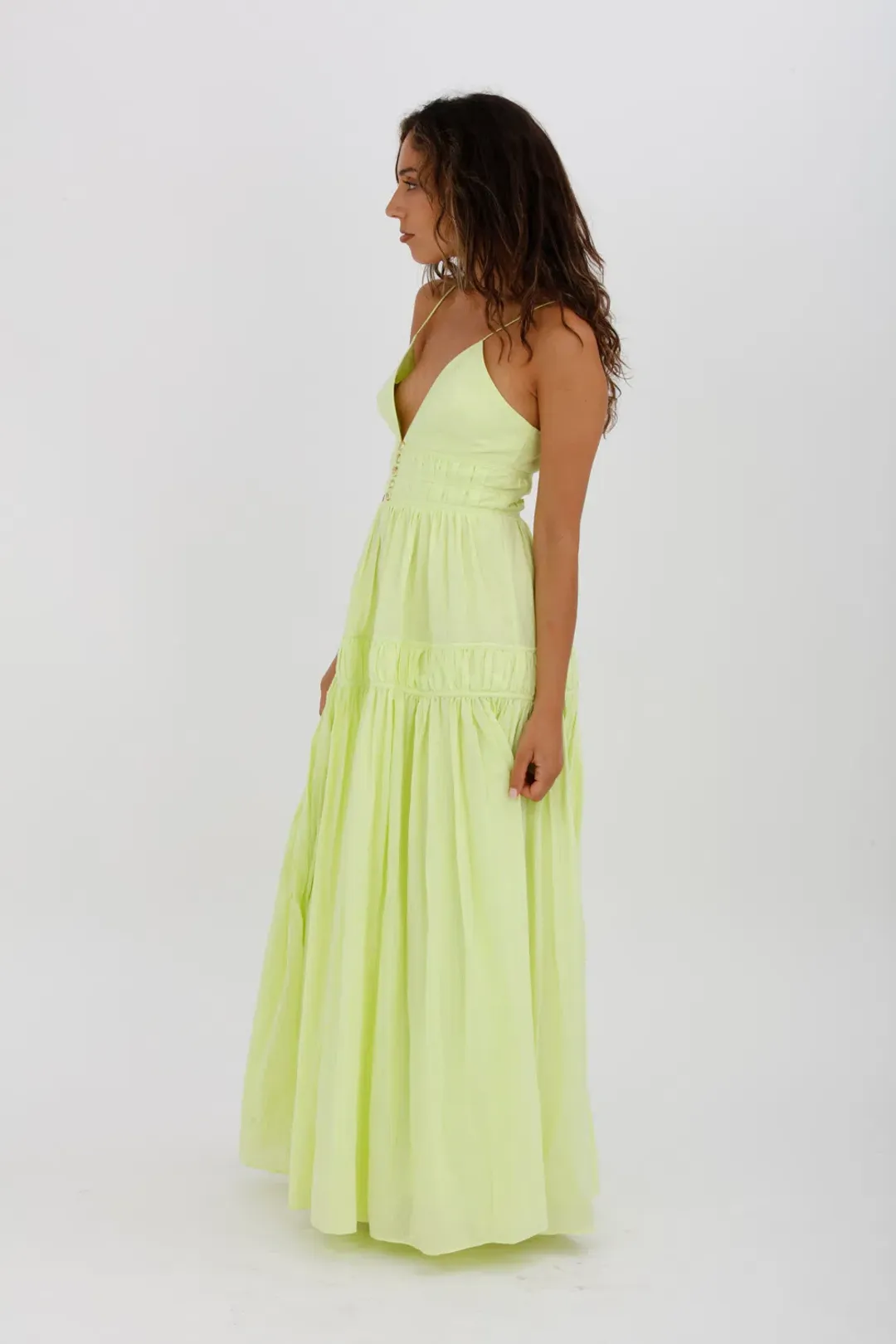 Aje Grace Tiered Midi Dress Pastel Yellow Green Size 10 for rent on The Volte - main image