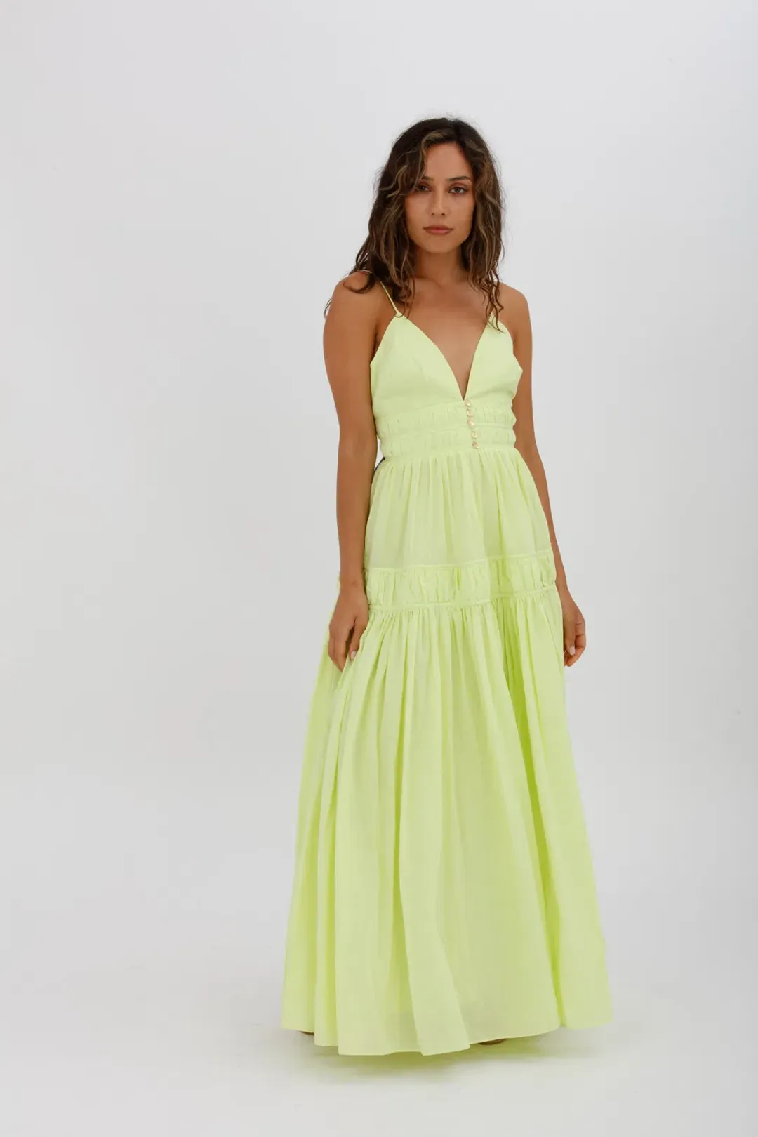 Aje Grace Tiered Midi Dress Pastel Yellow Green Size 10 for rent on The Volte - main image