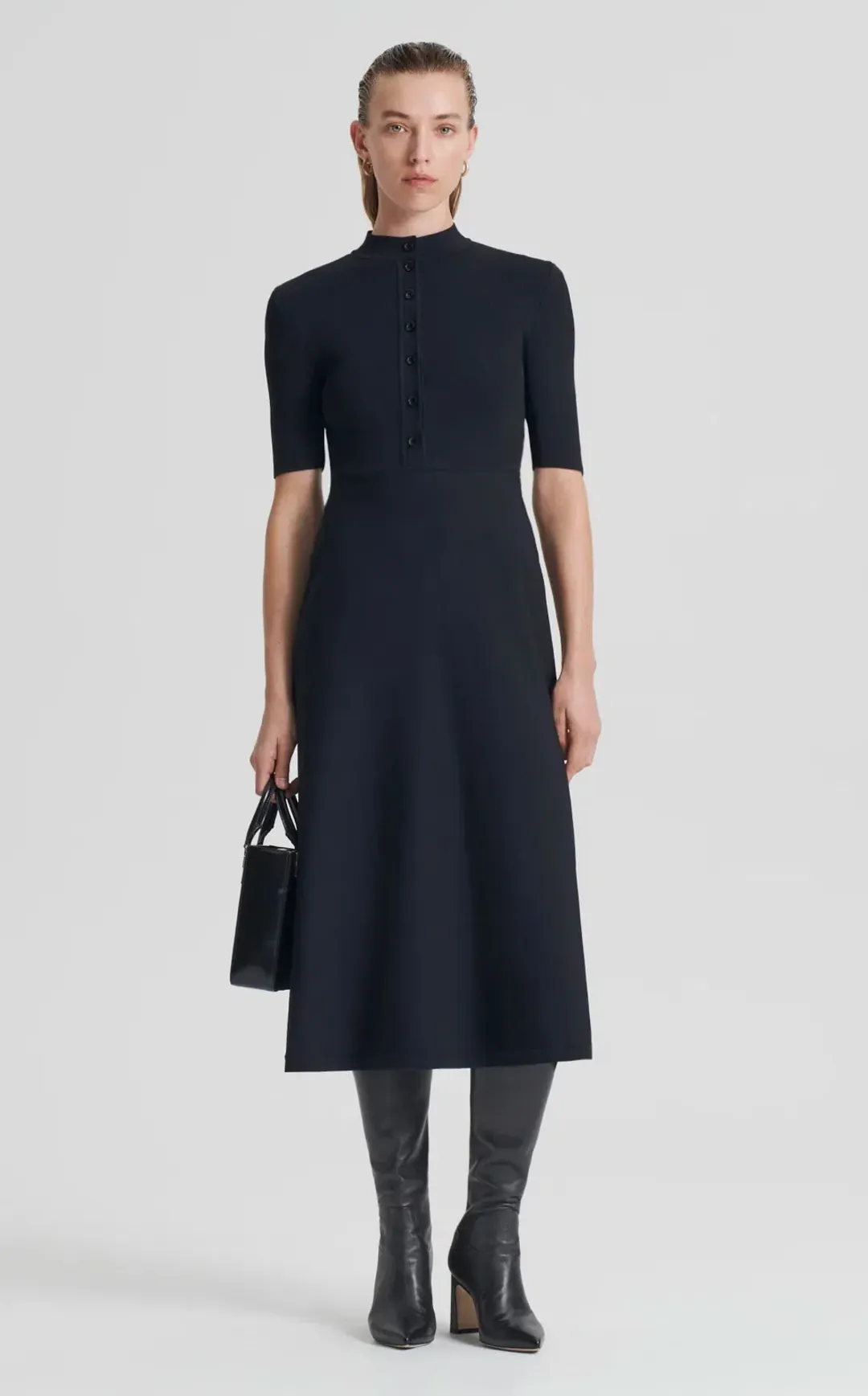 Scanlan Theodore Crepe Knit Short Sleeve Button Midi Dress Black Size S / Au 8 for rent on The Volte - main image