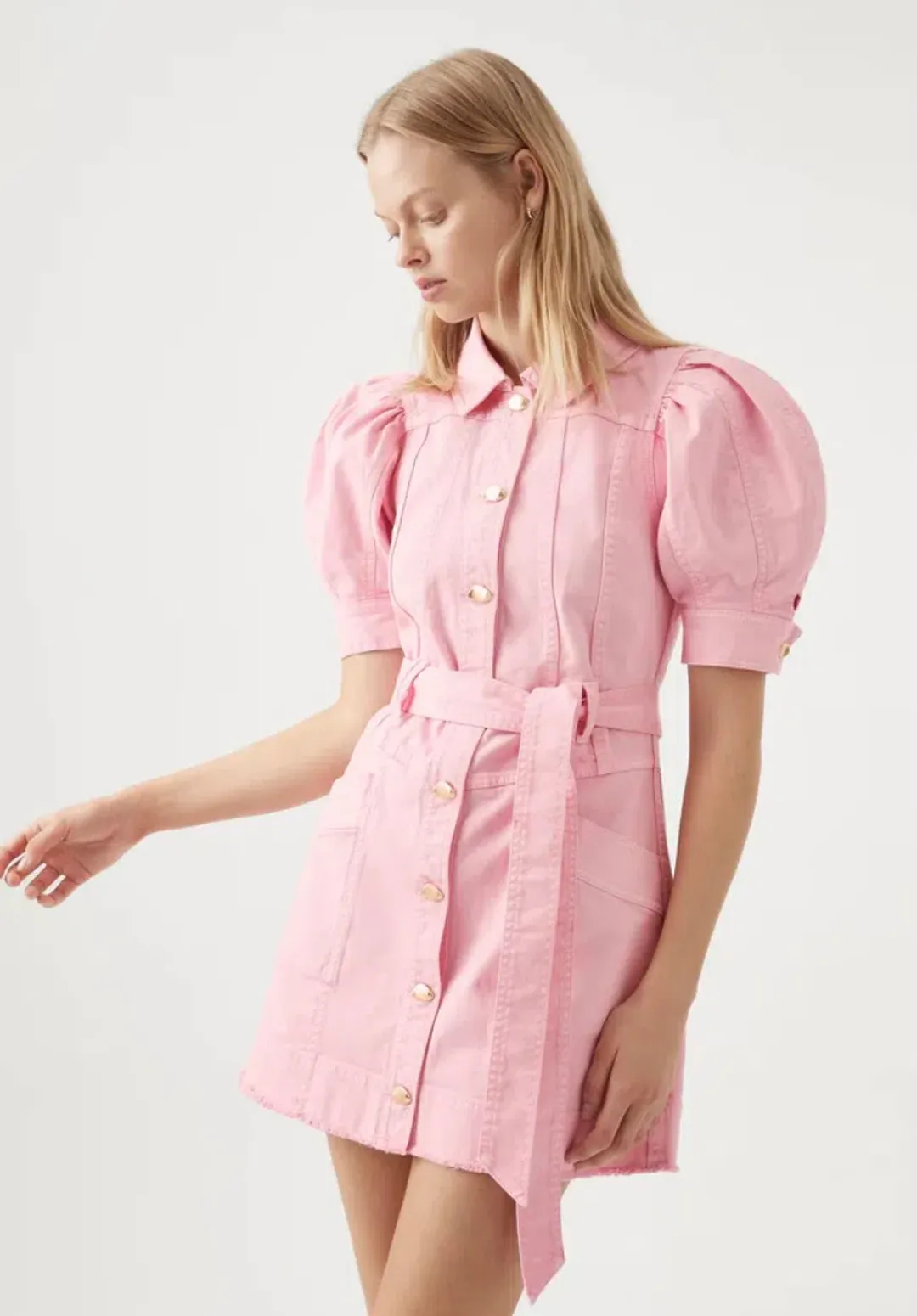 Aje Flora Denim Puff Sleeve Mini Dress Pink Size AU 8 for rent on The Volte - main image