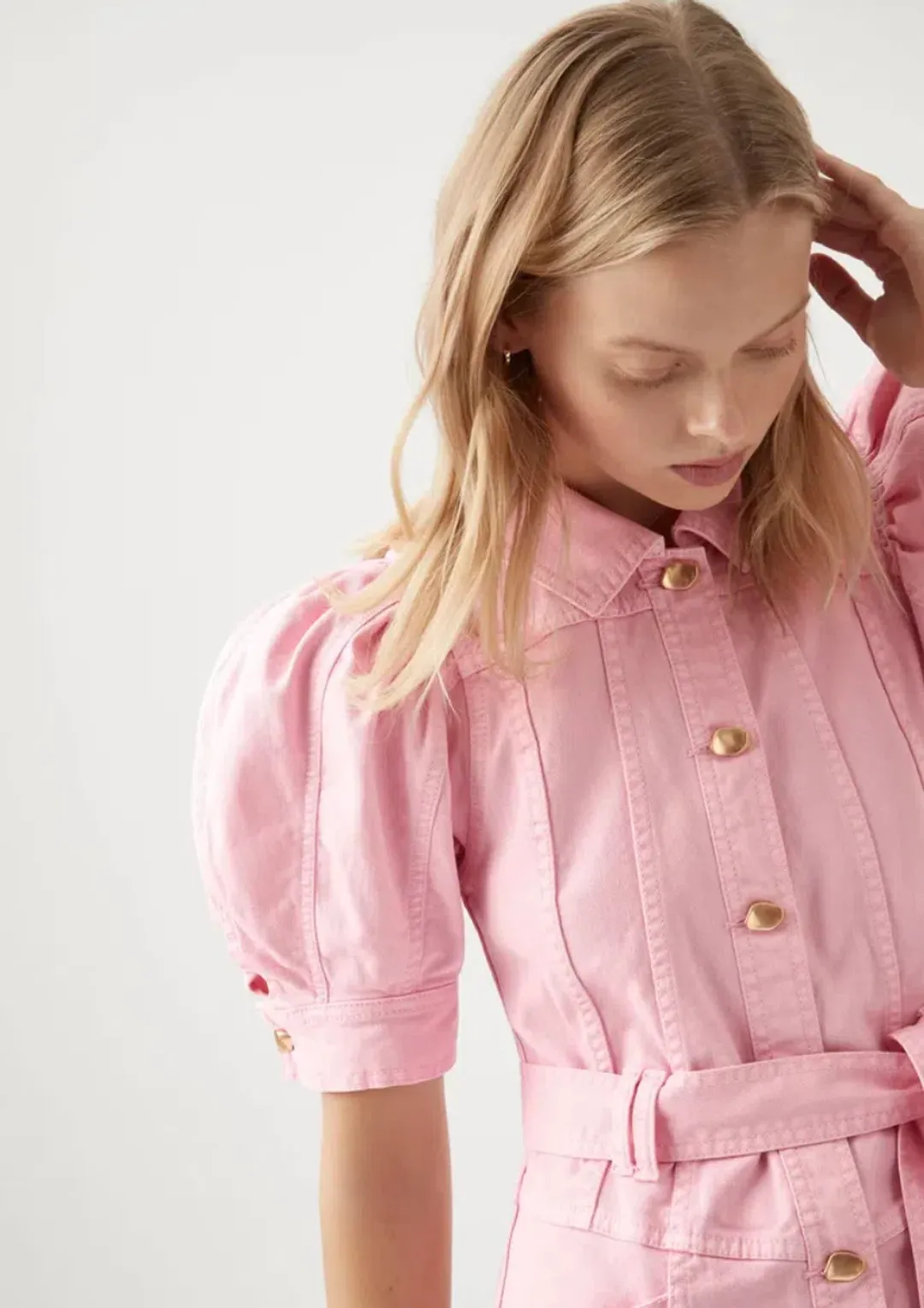 Aje Flora Denim Puff Sleeve Mini Dress Pink Size AU 8 for rent on The Volte - main image