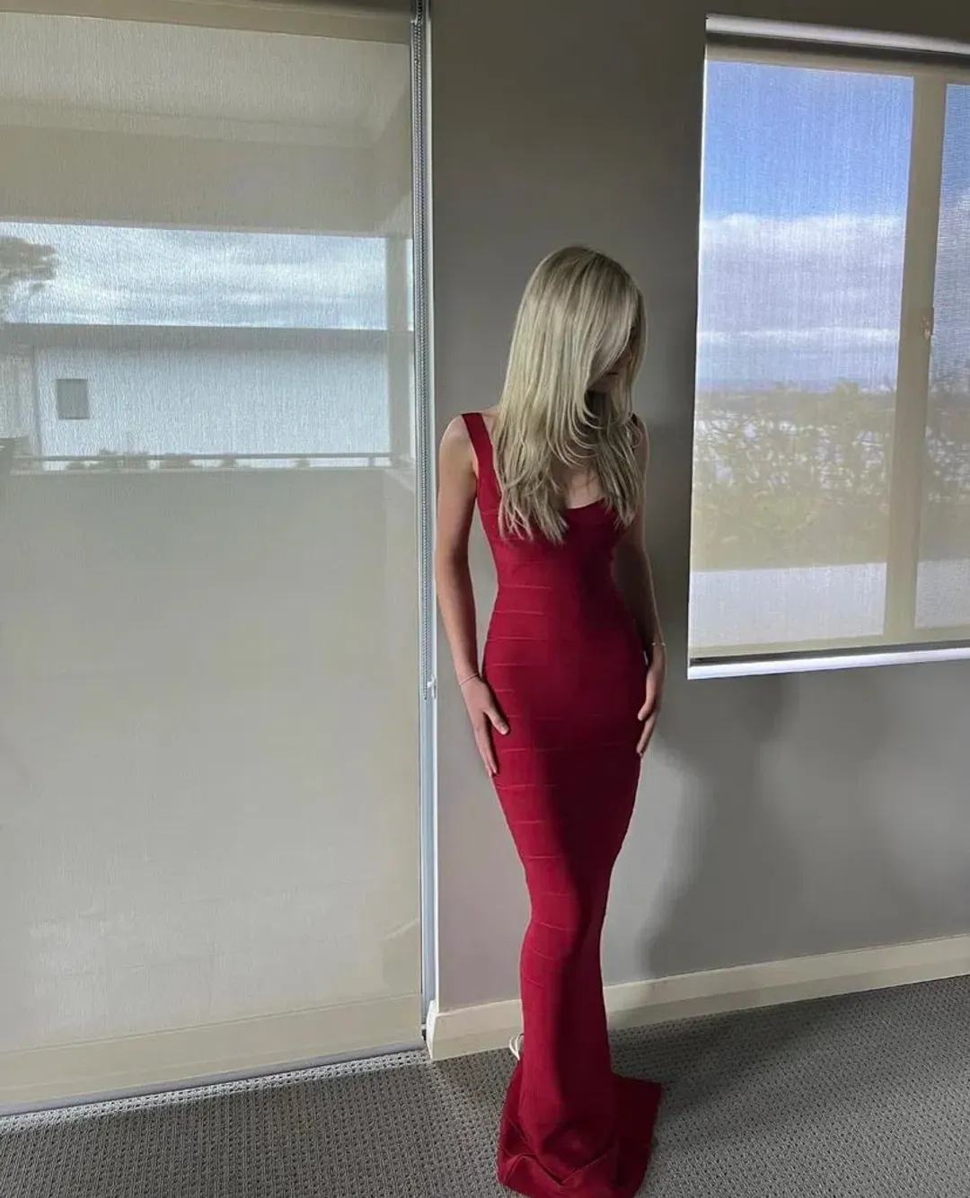 Herve Leger Cranberry Round Neck Gown Red Size Small for rent on The Volte - main image
