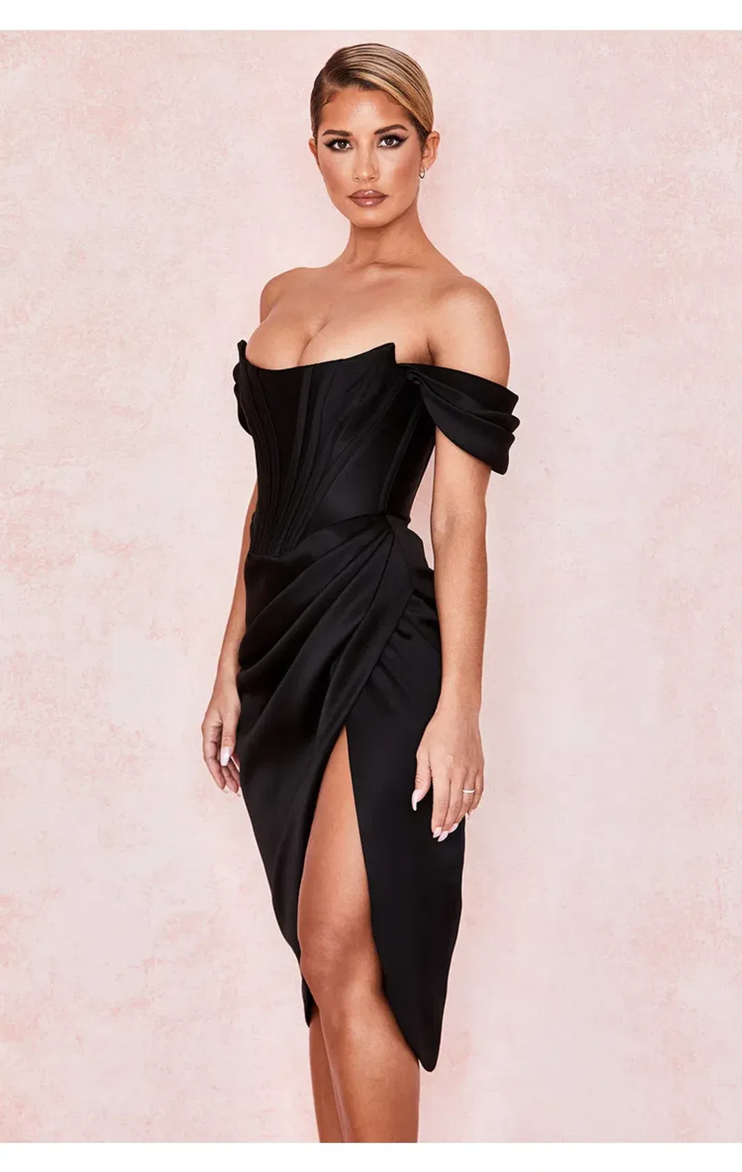 House of Cb Loretta Satin Off Shoulder Dress Black Size XS / Au 6 for rent on The Volte - main image