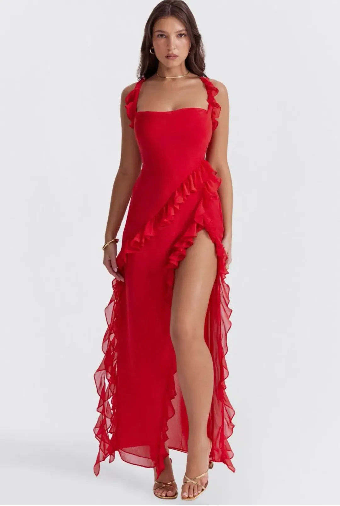House Of Cb Ariela Red Ruffle Backless Dress Cherry In Size S/Au 8 for rent on The Volte - main image