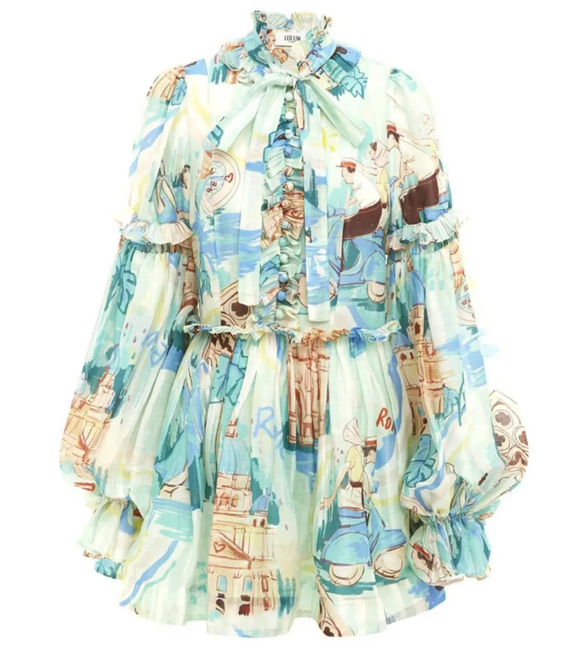 Leo Lin Riley Tie Neck Mini Dress Vacanza Print Size 10 - Image 1