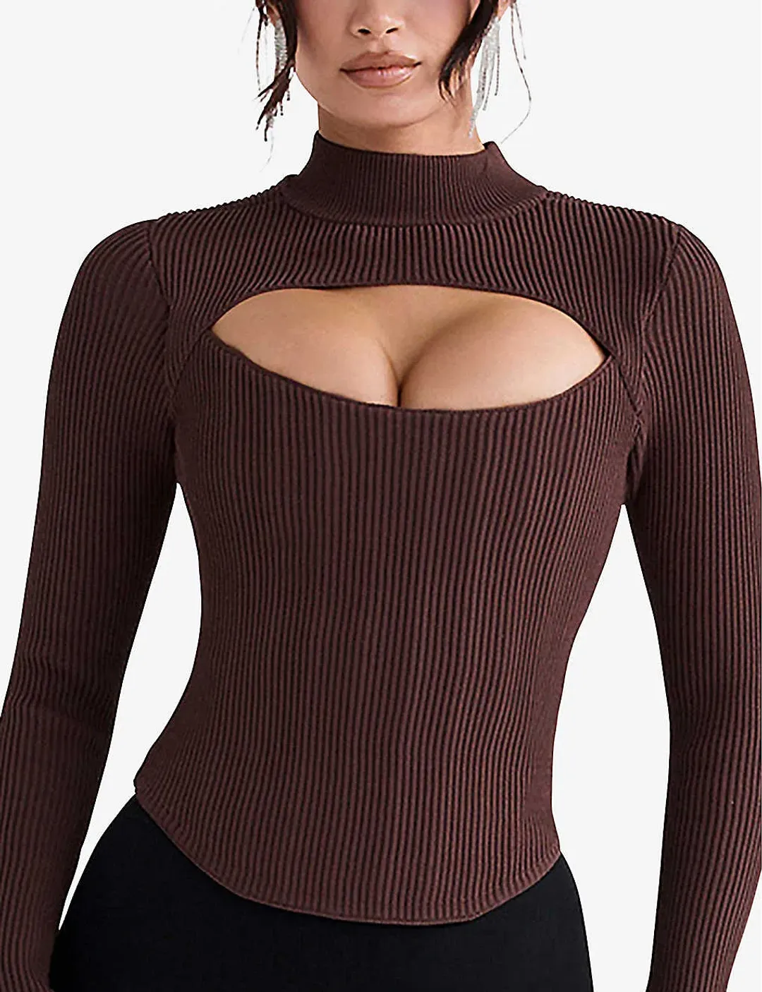 House Of Cb Georgina Cut-out Stretch-knit Top Brown Size XS / AU 6 for rent on The Volte - main image