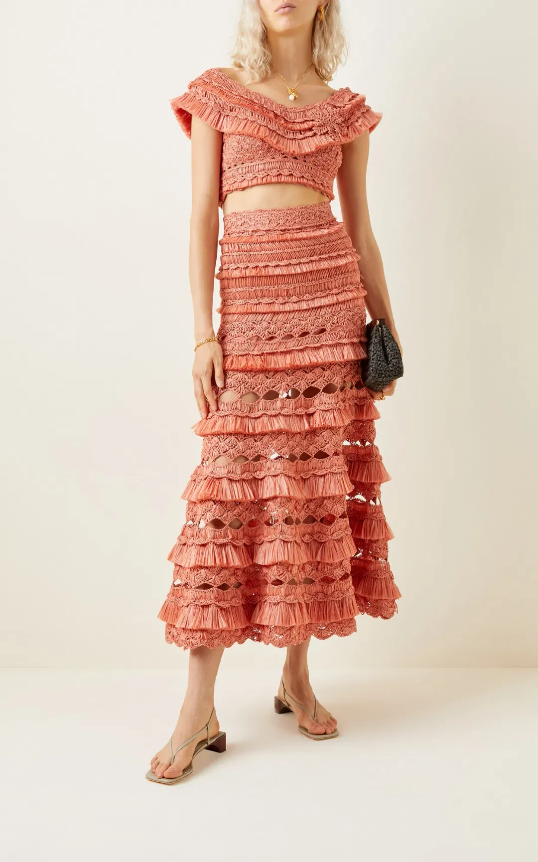 Zimmermann Postcard Fringe Crochet Midi Skirt Pink Size 0 / AU 8 for rent on The Volte - main image