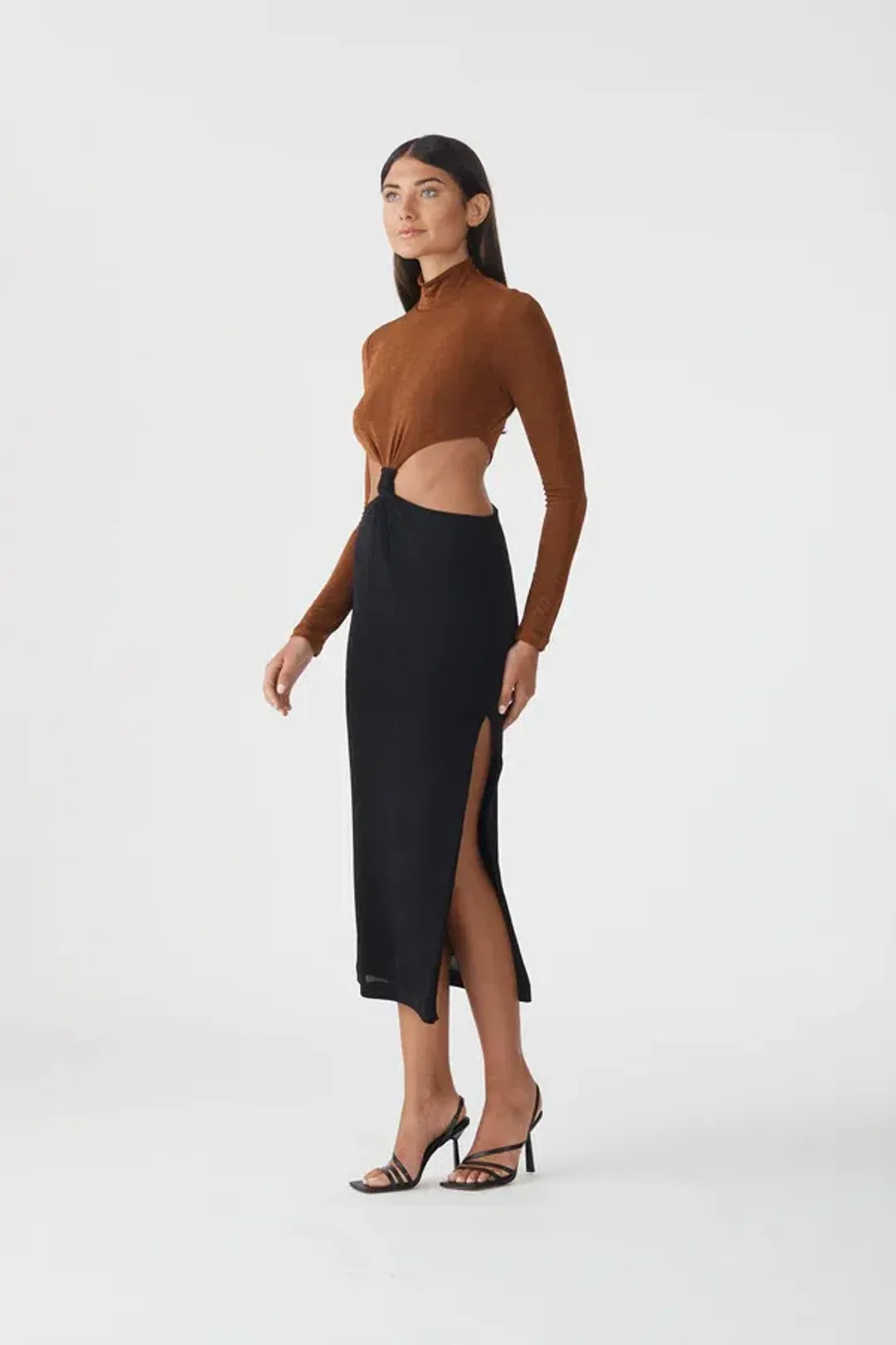 San Sloane Ninette Midi Dress Black/Brown Size AU 8 for rent on The Volte - main image