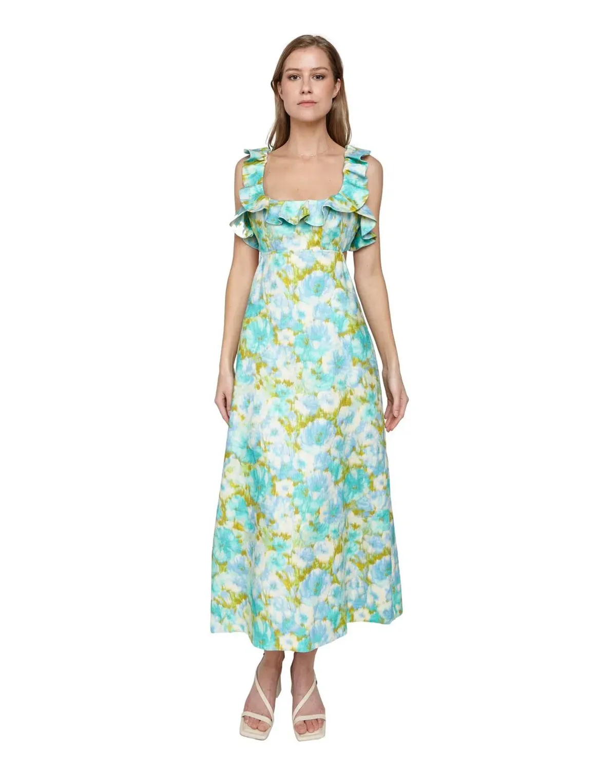 Zimmermann The High Tide Frilled Midi in Aqua Ikat Floral Size 1 /Au 10 - Image 1