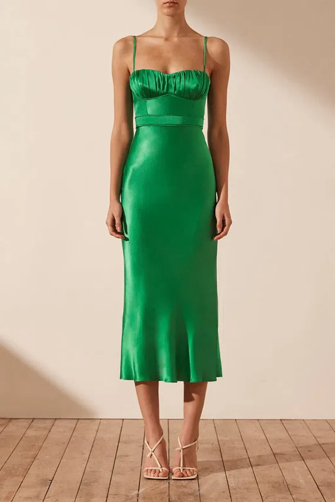 Shona Joy Lana Corded Ruched Midi Dress Tree Green Size 8 for rent on The Volte - main image