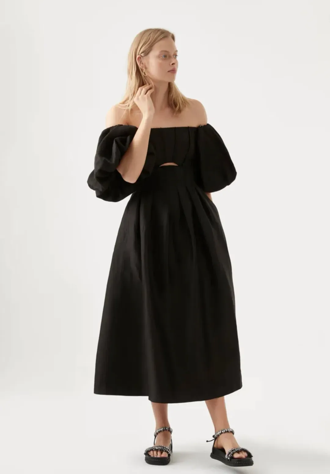 Aje Eugenie Off Shoulder Midi Dress Black Size AU 8 for rent on The Volte - main image