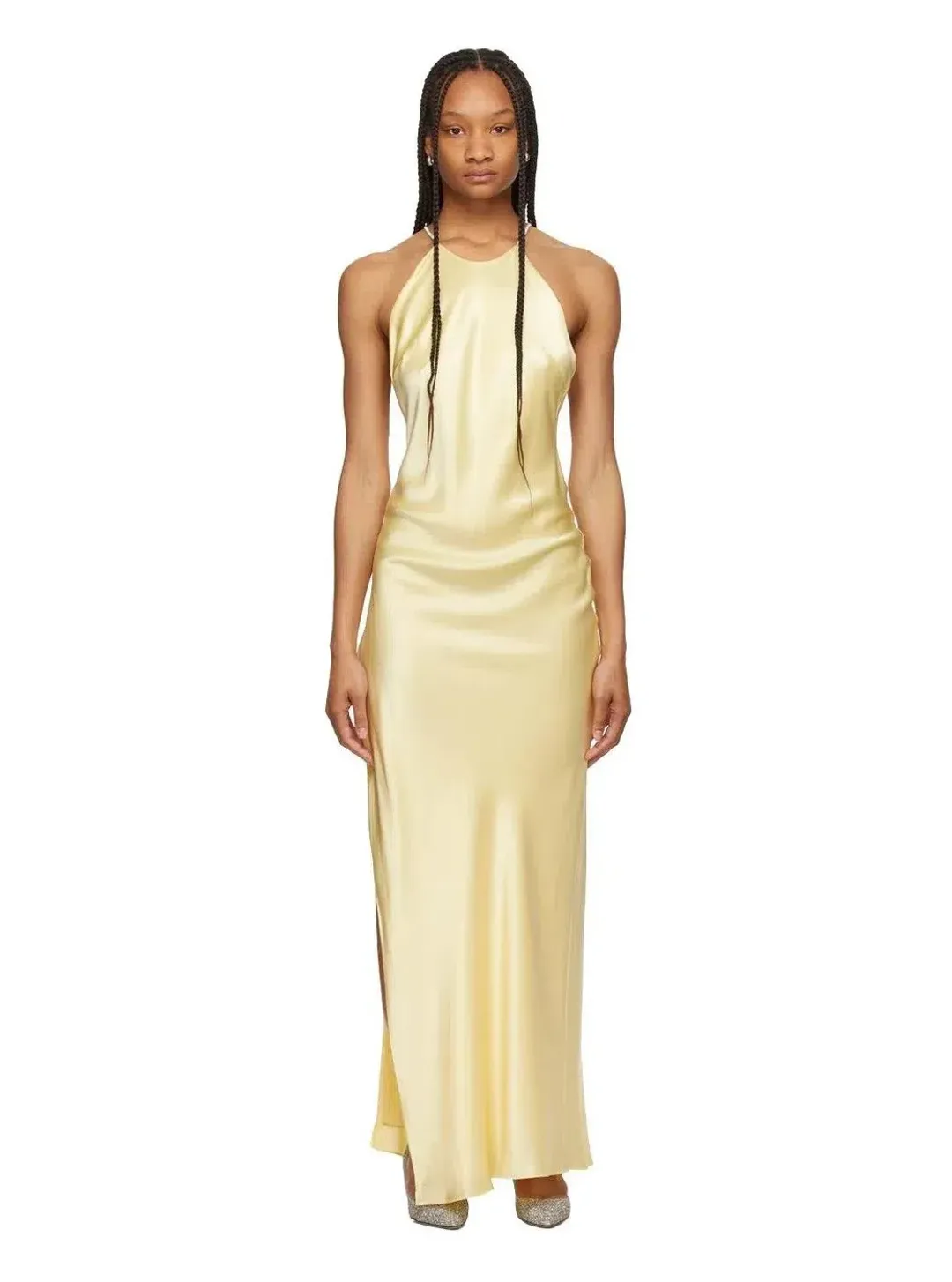 Michael Lo Sordo Hudson Bias Crystalline Maxi Dress Pale Yellow Size 8  for rent on The Volte - main image