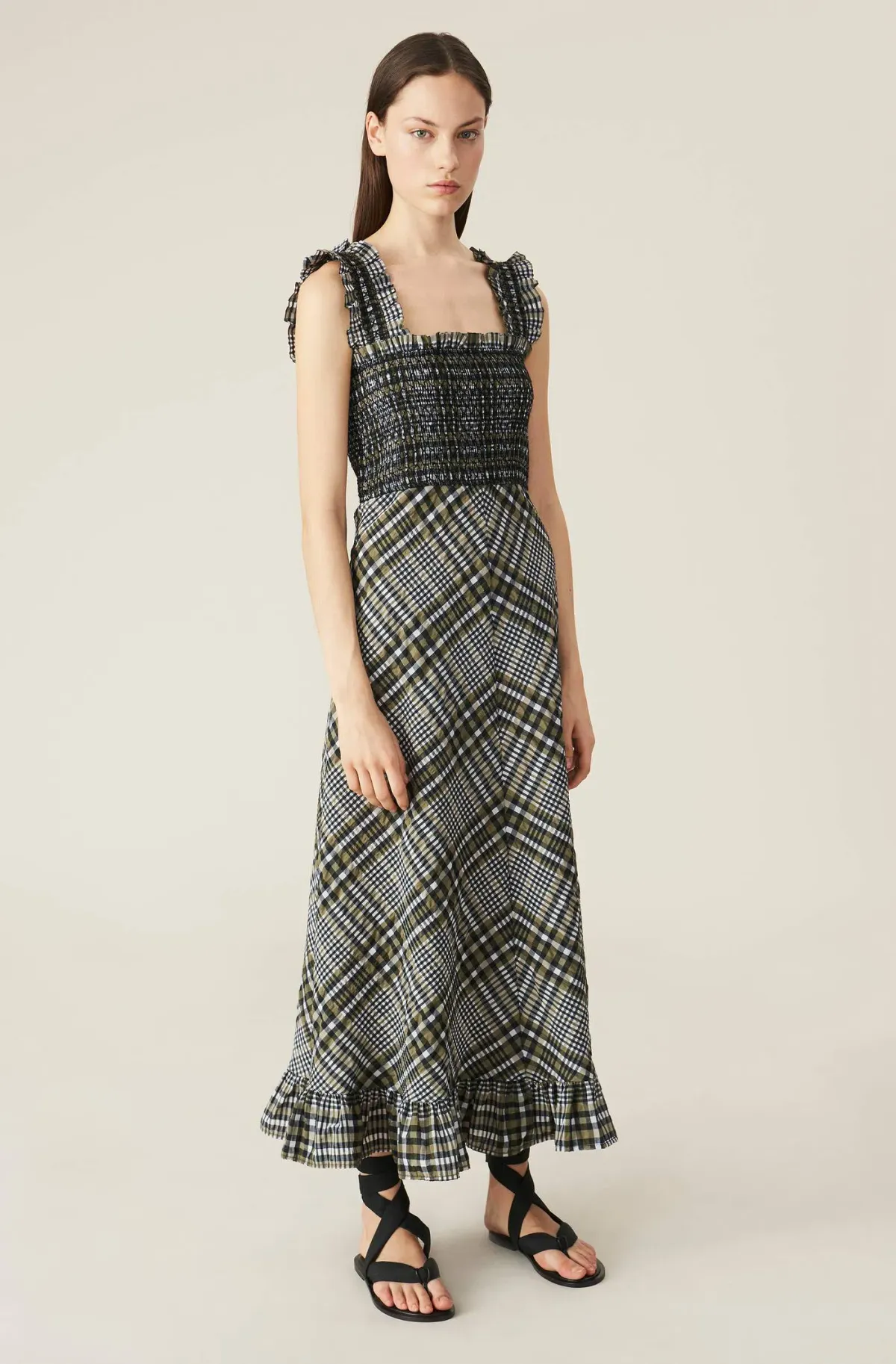 Ganni  Seersucker Check Maxi Dress Print Size 10  - Image 1