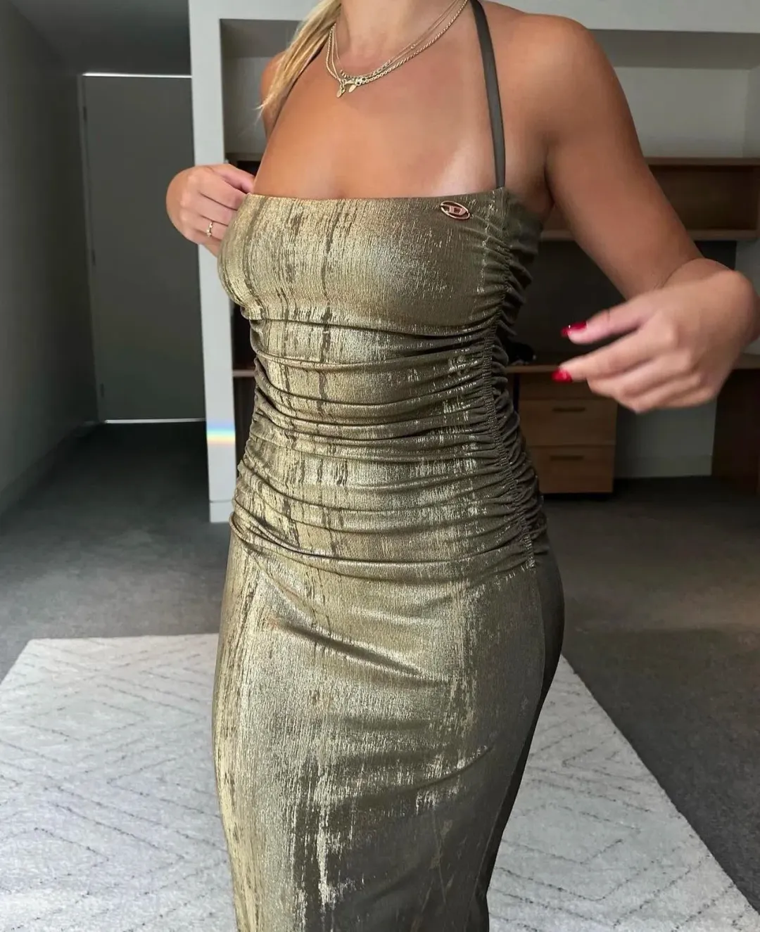 Diesel Metallic Ruched Halterneck Gown Gold Size M / Au 10 for rent on The Volte - main image