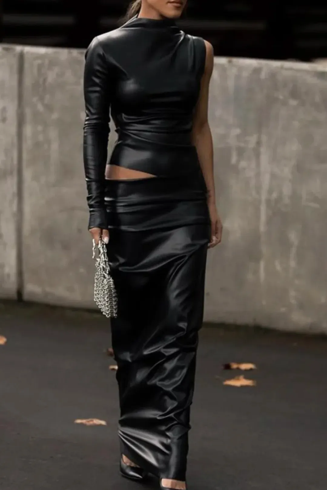 Effie Kats Tove Faux Leather Top and Skirt Set Black Size M / Au 10 for rent on The Volte - main image