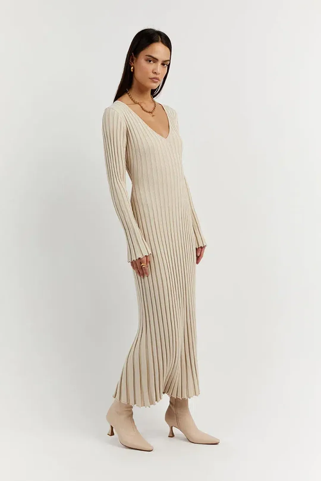 Dissh Reign Stone Sleeved Knit Midi Dress Stone Size XS/AU 6 for rent on The Volte - main image