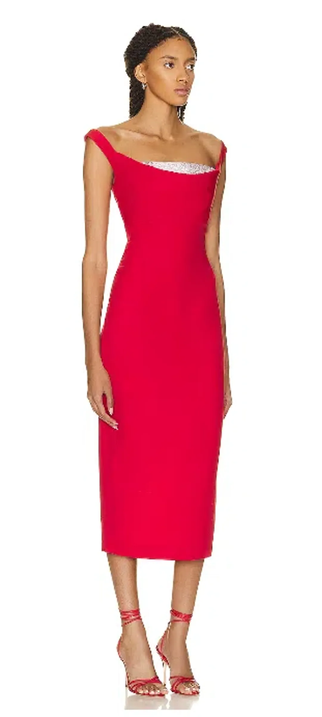 Roland Mouret Off Shoulder Diamante Midi Dress Red Size 12 for rent on The Volte - main image