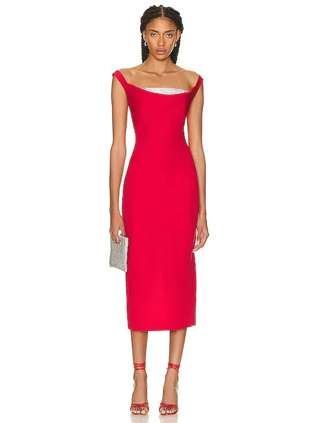 Roland Mouret Off Shoulder Diamante Midi Dress Red Size 12 for rent on The Volte - main image