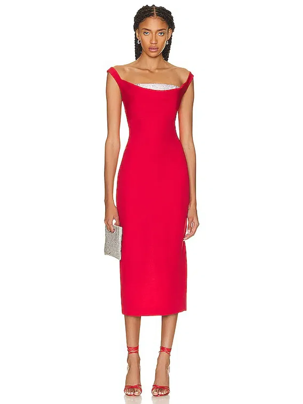 Roland Mouret Off Shoulder Diamante Midi Dress Red Size 12 - Image 1
