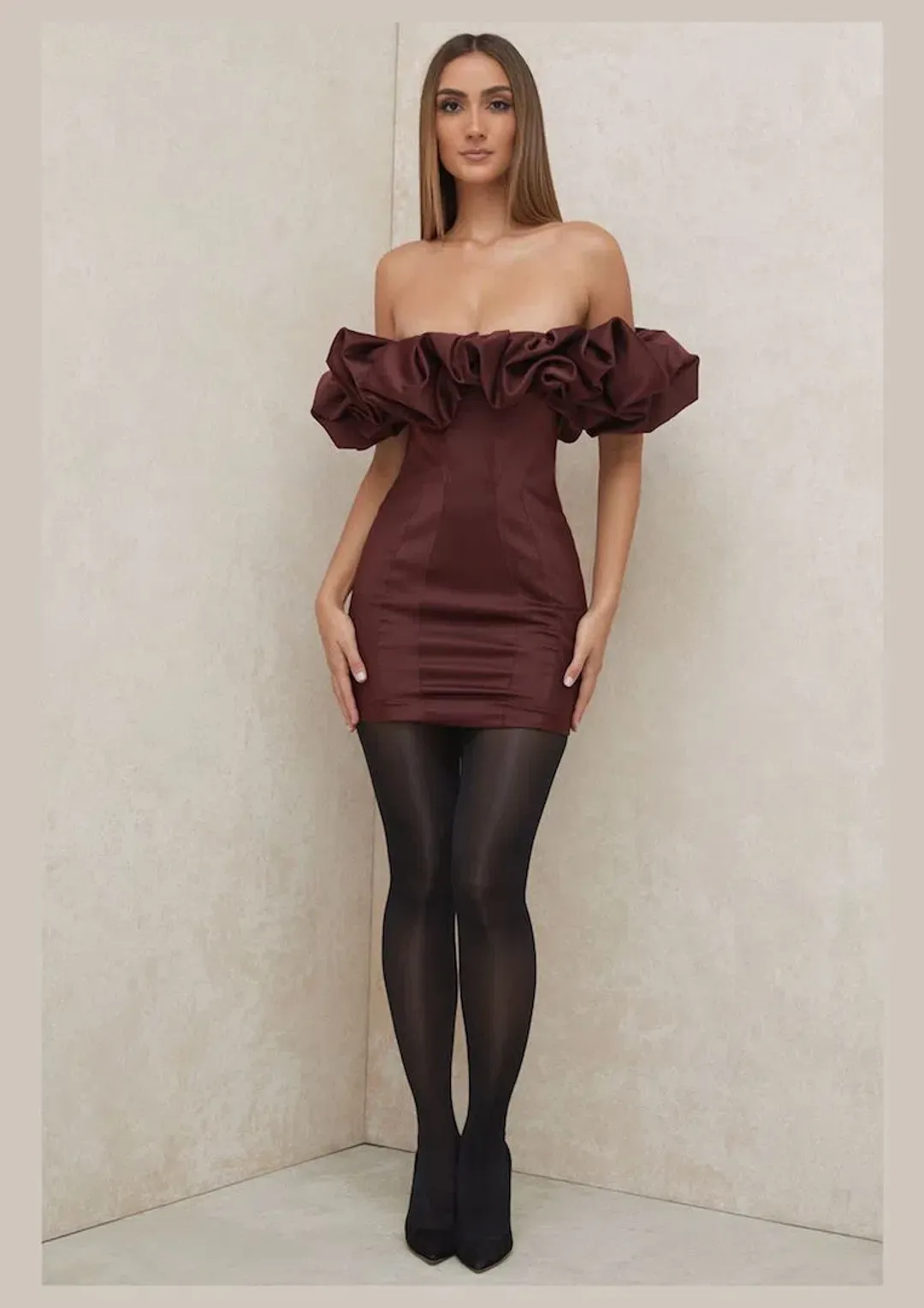 House of CB Selena Satin Ruffle Strapless Mini Dress Brown Size M / Au 10 for rent on The Volte - main image