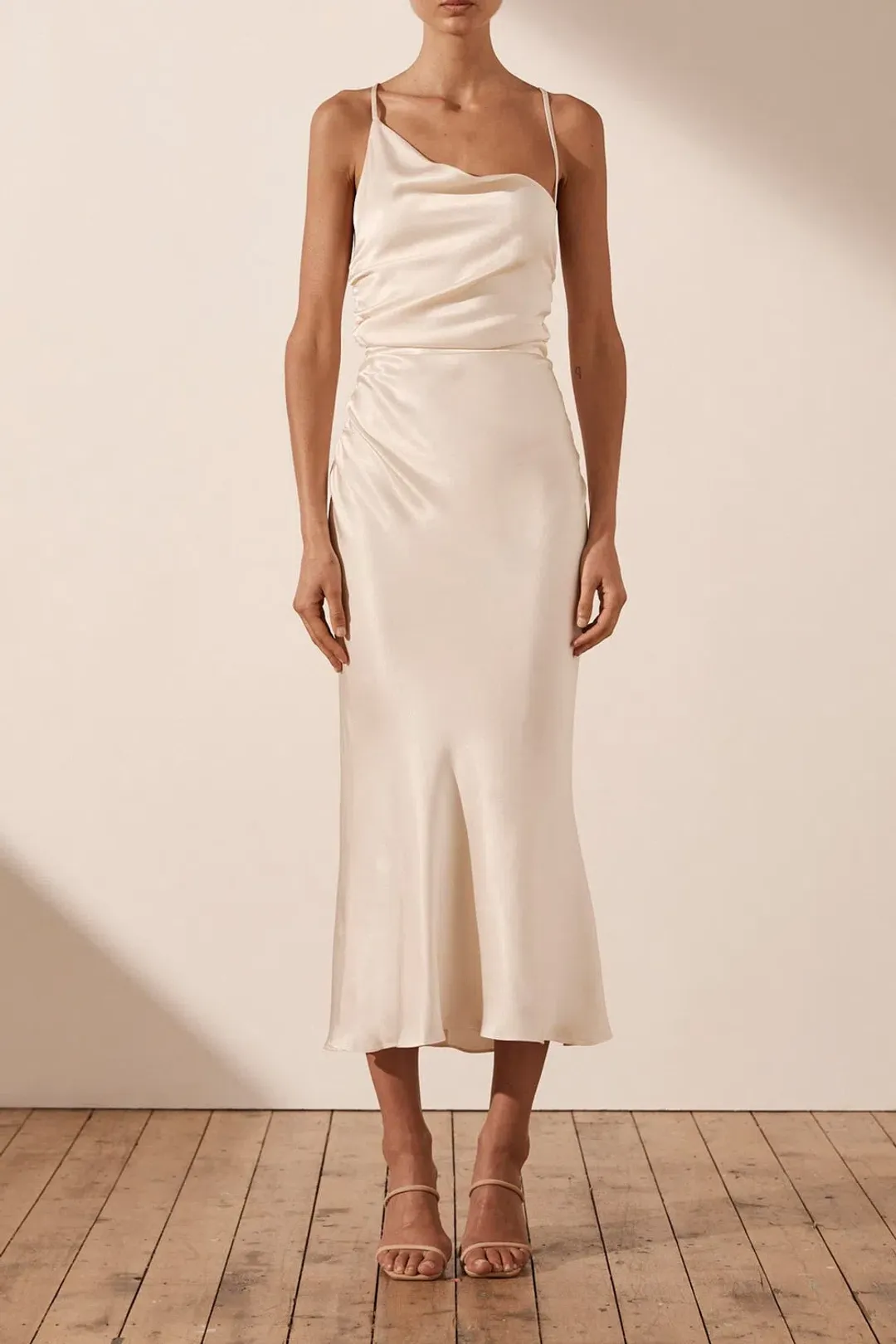 Shona Joy La Lune Asymmetrical Bias Cowl Midi Dress in Cream Size 14 for rent on The Volte - main image