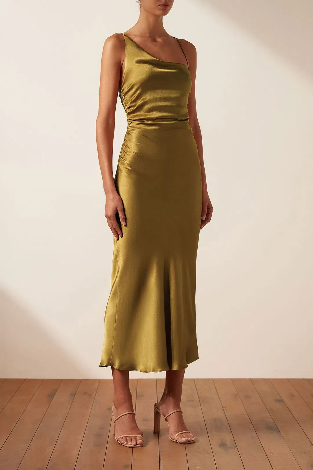 Shona Joy Giorgia Asymmetrical Midi Dress  Olive Oil Size 8 for rent on The Volte - main image